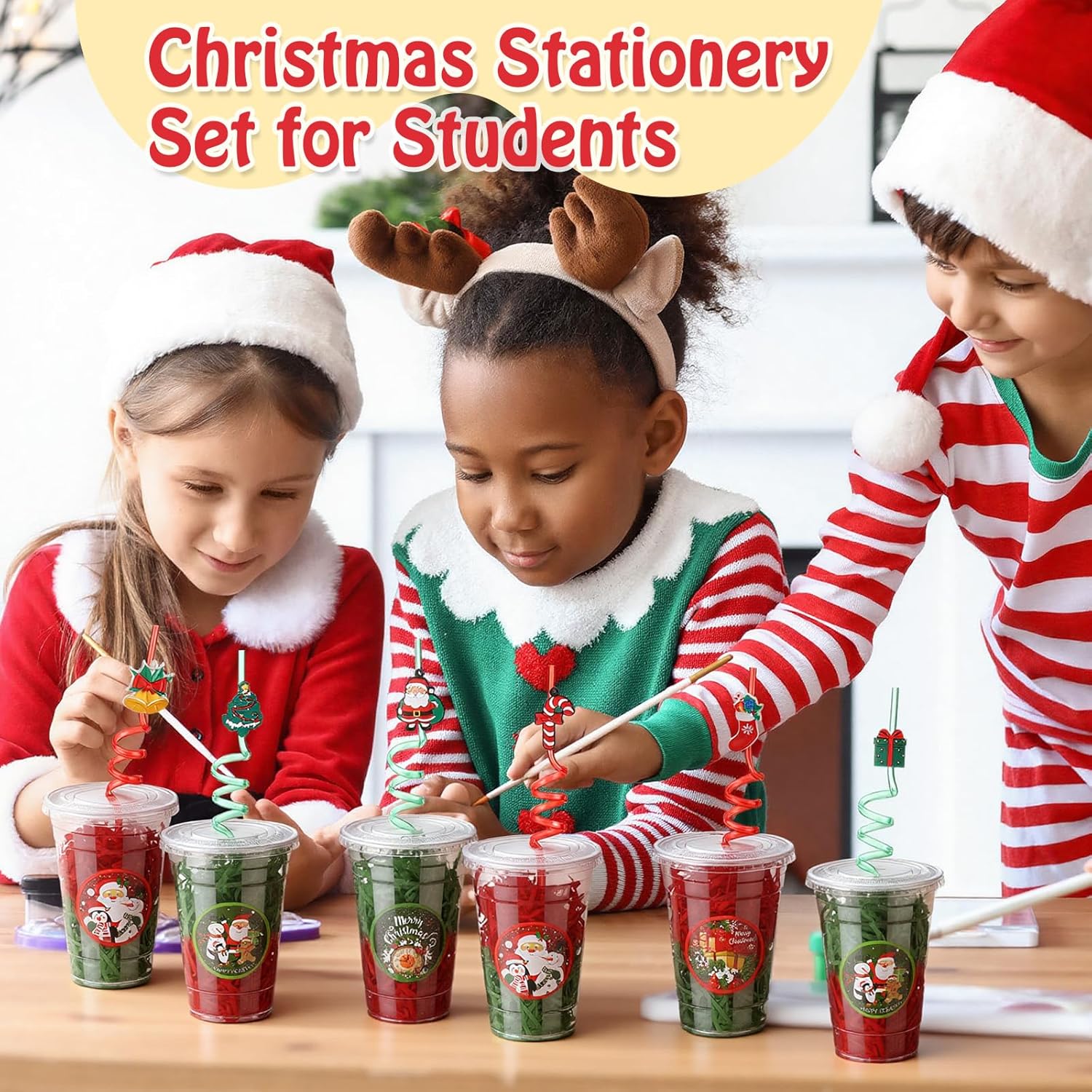 Vesici 124 Pcs Christmas Plastic Cups Bulk with Lids Straws Stickers Raffia Snowman Santa Claus Plastic Cups Xmas Disposable Clear Mugs Party Favor Holiday Birthday Wedding Party Supplies, 24 Sets - Image 5