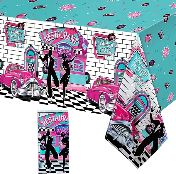 Tiamon 50s Rock and Roll Party Tablecloth for Celebrations
