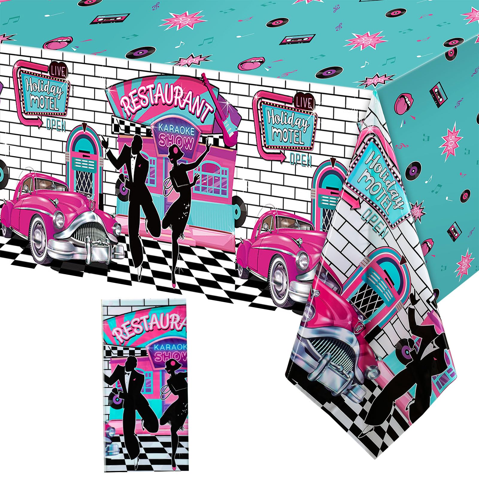 Tiamon 1 Pcs 50s Tablecloth 50's Gifts Decorations Rock and Roll Party Table Cover Large 1950's Plastic Tablecloth Back to 50's Rocking Party Supplies