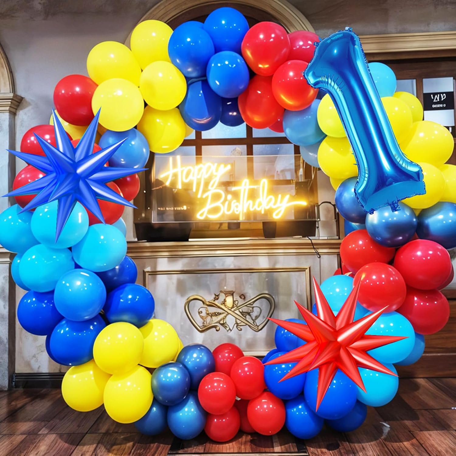 Red Yellow Blue Balloon Garland Arch Kit with Navy Blue 40 Inch Number 1 Balloon, 1st Birthday Decorations for Boy with Star Foil Balloons for 1 Year Old Theme Party Baby Shower Graduation - Image 7