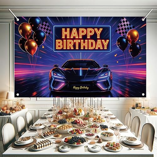 Vista 6 de Telón de fondo de auto de carreras con texto en inglés «Happy Birthday» para automóvil deportivo, bandera de neón a cuadros negros y blancos