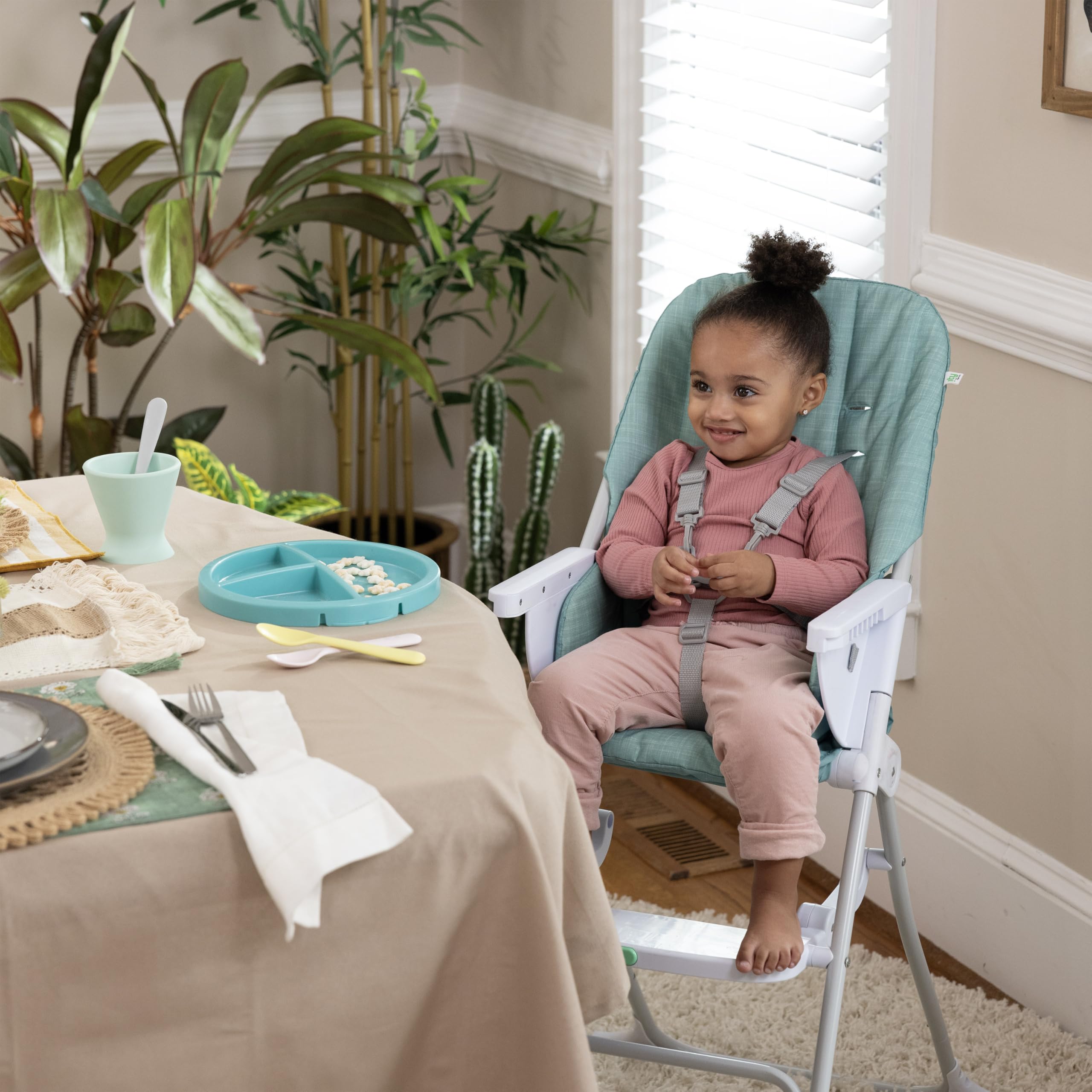 Ingenuity: ity by Ingenuity, Chaise Haute Pliable Compacte Sun Valley, Assiette Sûre Alimentaire, Harnais 5 Points, Dès 6 Mois, Unisexe - Turquoise