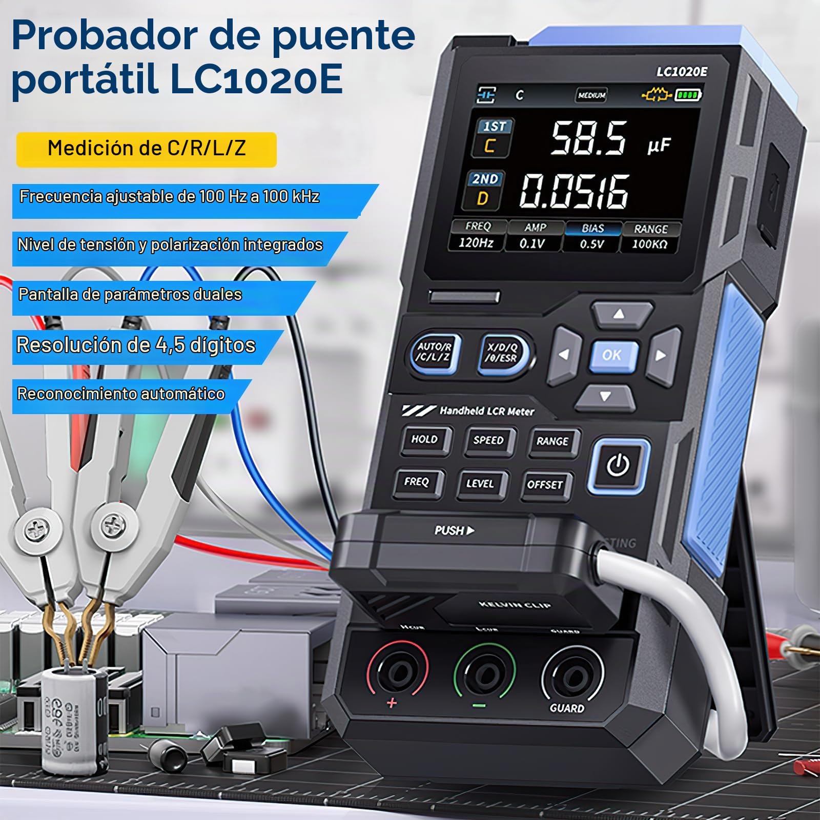 DEWIN Medidor Digital LCR ESR Portátil Puente Tester para Resistencia Capacitancia Inductancia Medición, Medidor LCR con Identificación Automática, Registro de Datos y Eliminación de no Linealidad