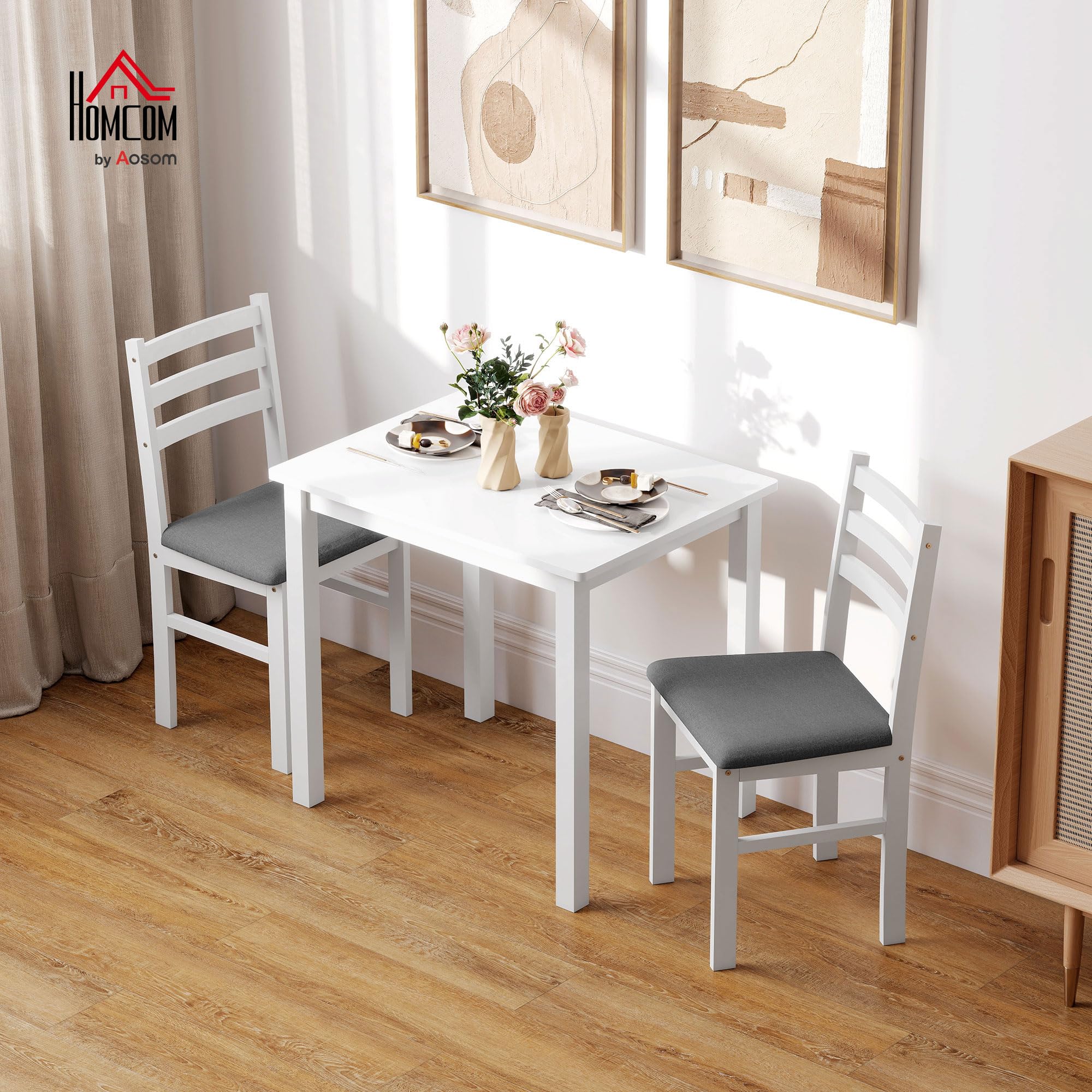 HOMCOM Essgruppe Holz 80 x 60 cm Esstisch mit 2 Stühlen Platzsparend Esszimmergruppe Sitzgruppe Rechteckig Küchentisch mit gepolsterten Essstühlen für kleine Raum, Esszimmer, Küche, Weiß
