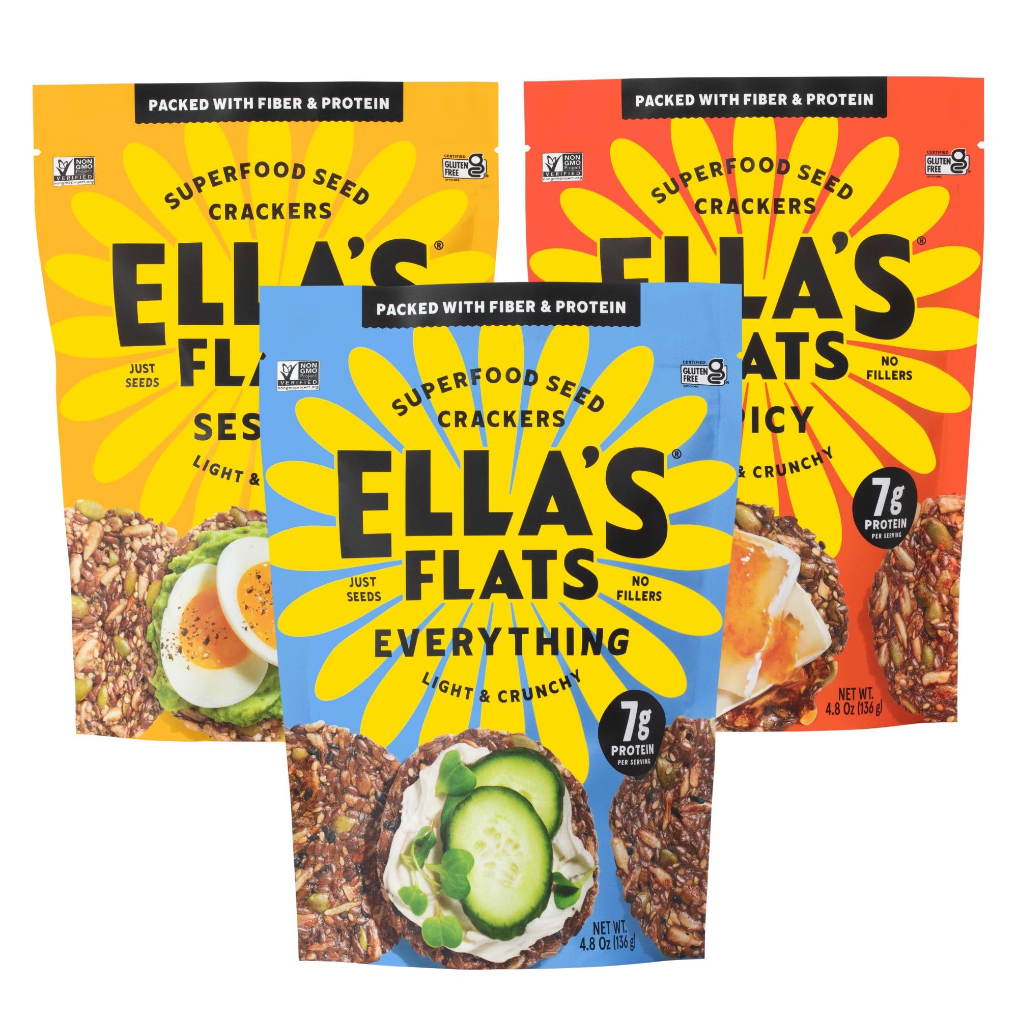 ELLA’S FLATS® All Seed Savory Crisp One of each SESAME, EVERYTHING and SPICY – Gluten Free, Sugar Free, High Fiber Chip, Low Carb Snack, Keto Cracker,