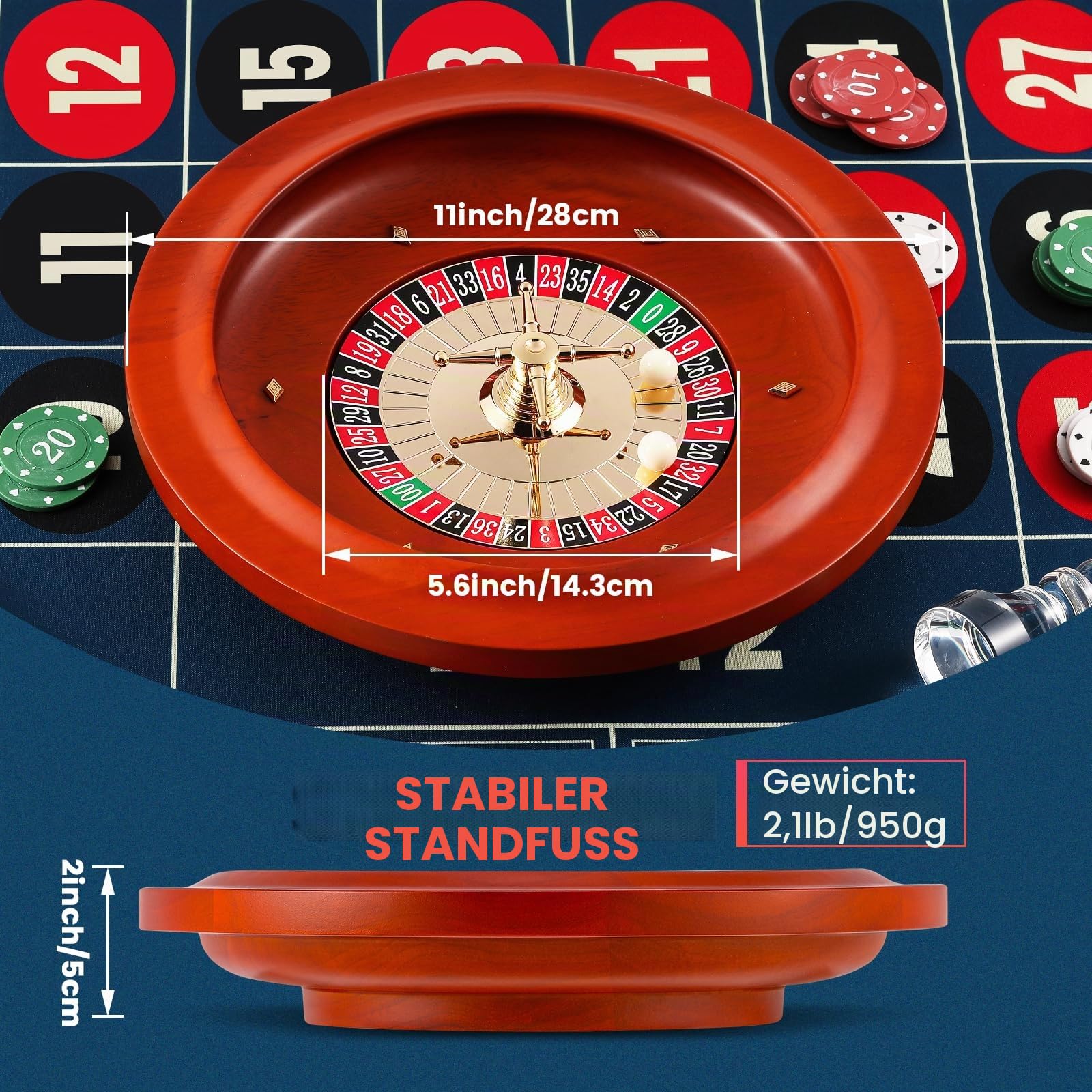 27,9 cm Roulette-Rad-Set: Solides Roulette-Rad mit 120 x 60 cm Roulette-Tisch-Layout, Filzmatte, 100 ABS-Poker-Chips, Roulette-Gewinnmarker, 2 Spielkartendecks, Casino-Spielsets