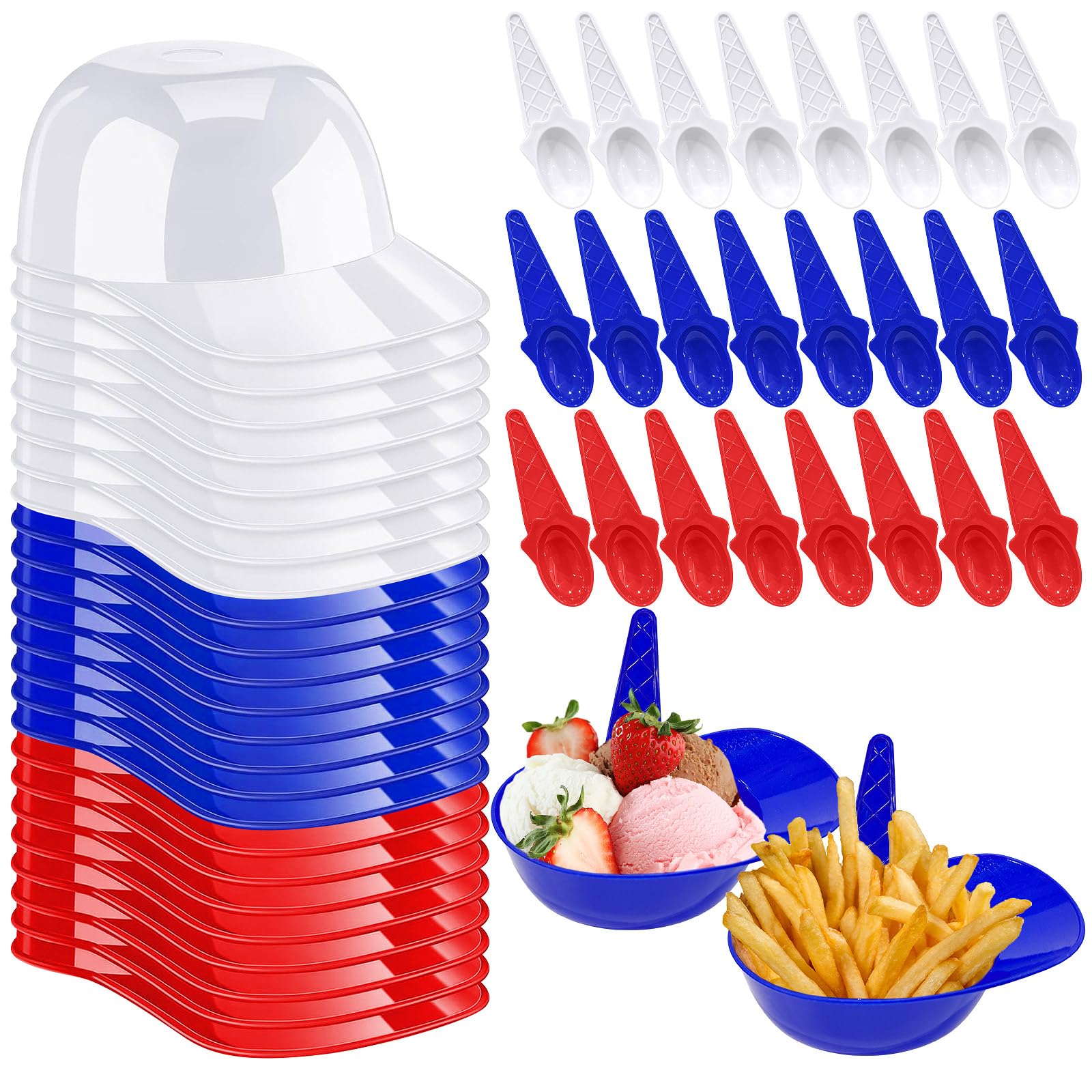 Zephiconn 48 Pack Baseball Helmet Ice Cream Bowls with Spoons 8 oz Mini Ice Cream Baseball Cap Bowls Dessert Helmet for Birthday Serving Popcorn Sundae Party (Red Blue White)