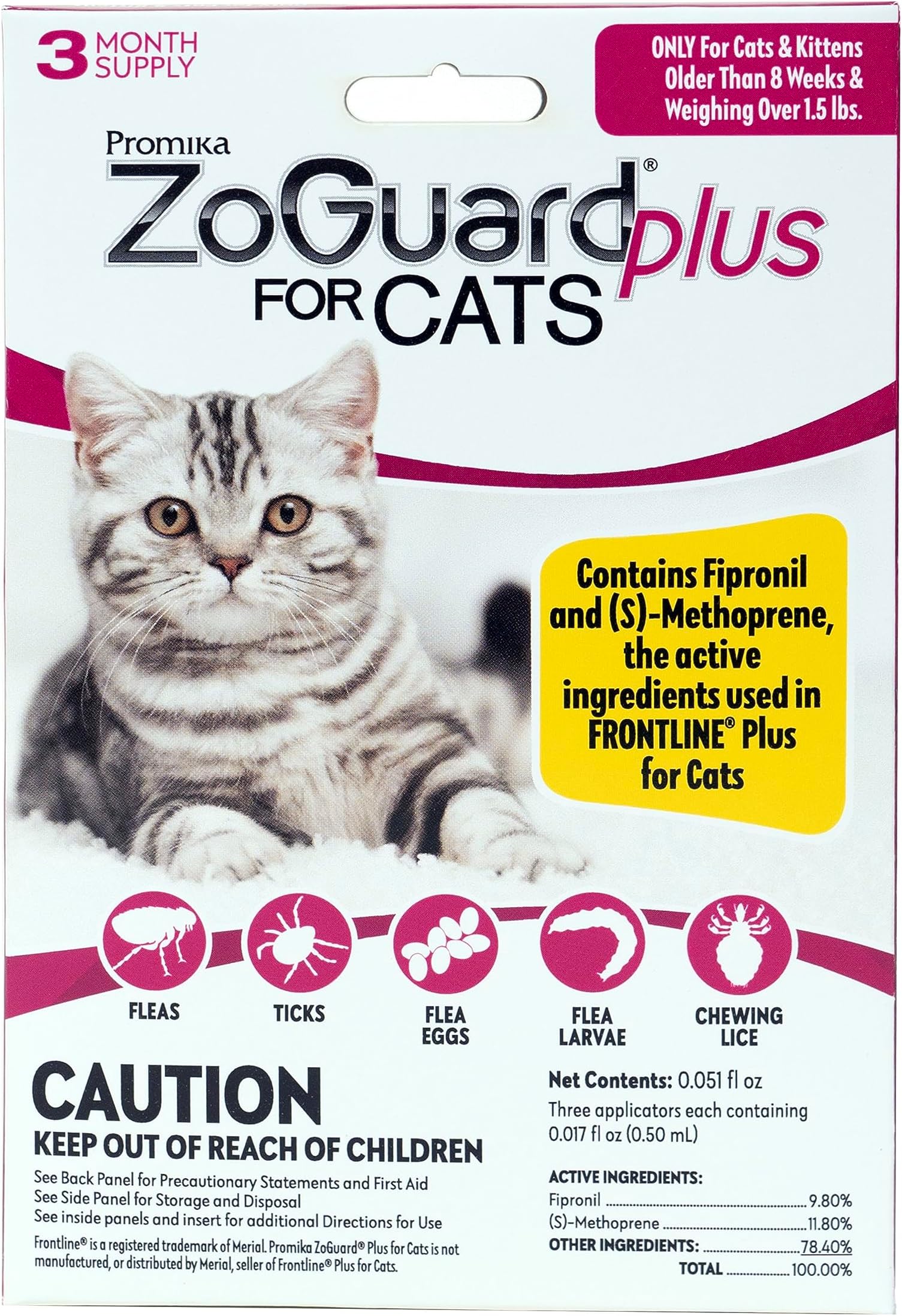 ZoGuard Plus Flea and Tick Prevention for Small Cats – Flea & Tick Prevention for Cats Over 1.5lbs (3 Doses)
