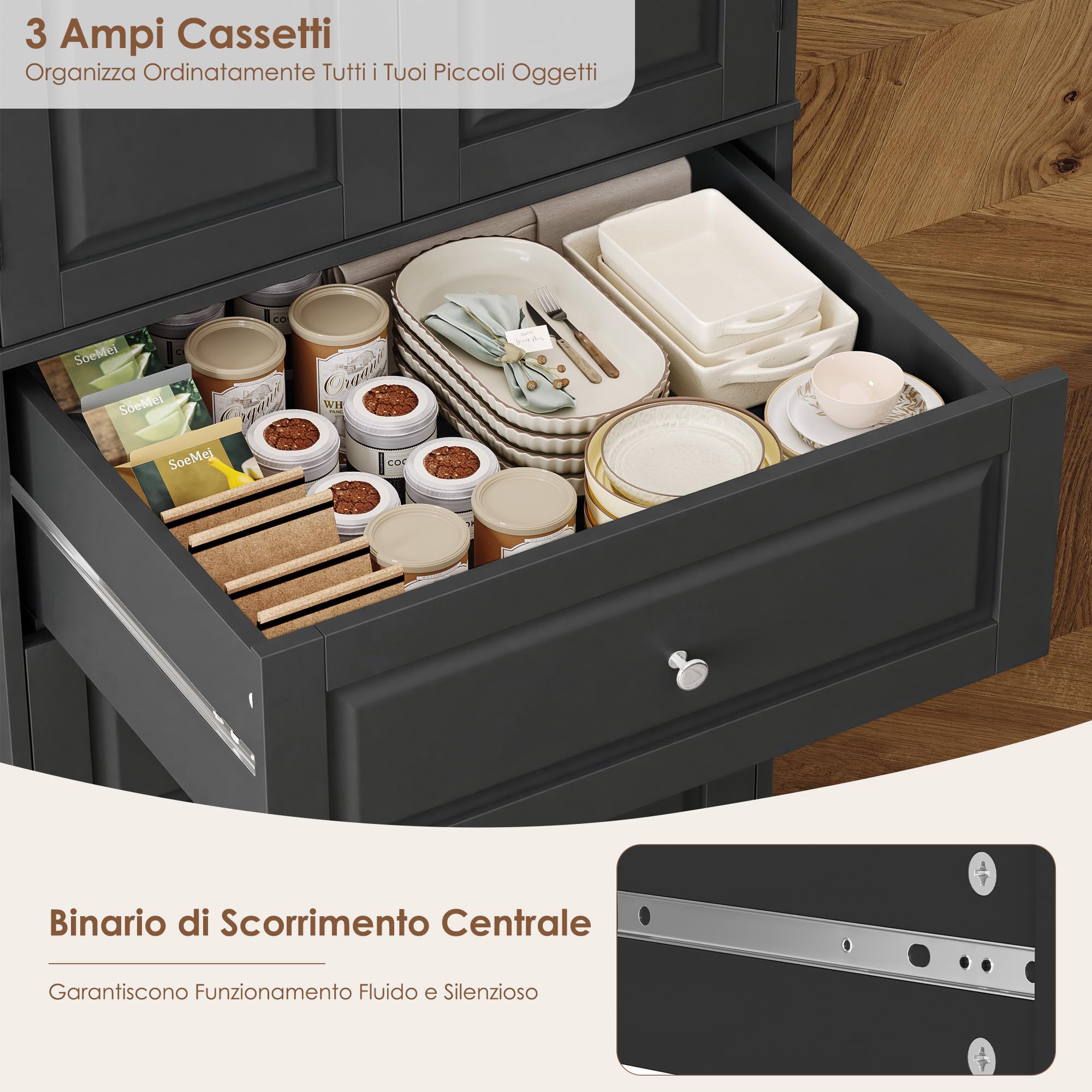 FOREHILL 150cm Credenza Cucina con 3 Cassetti, Dispensa Cucina con 8 Ripiani della Porta, Mobile Dispensa a 2 Ripiani Regolabili, per Sala da Pranzo, Soggiorno, 60x40x150 cm (Nero)