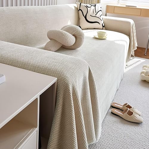 Miniatura 7 de VClife Funda de sofá bohemia de felpilla suave para sofá de 2 a 3 cojines, protector de futón a rayas beige y caqui simple para perro, protector de