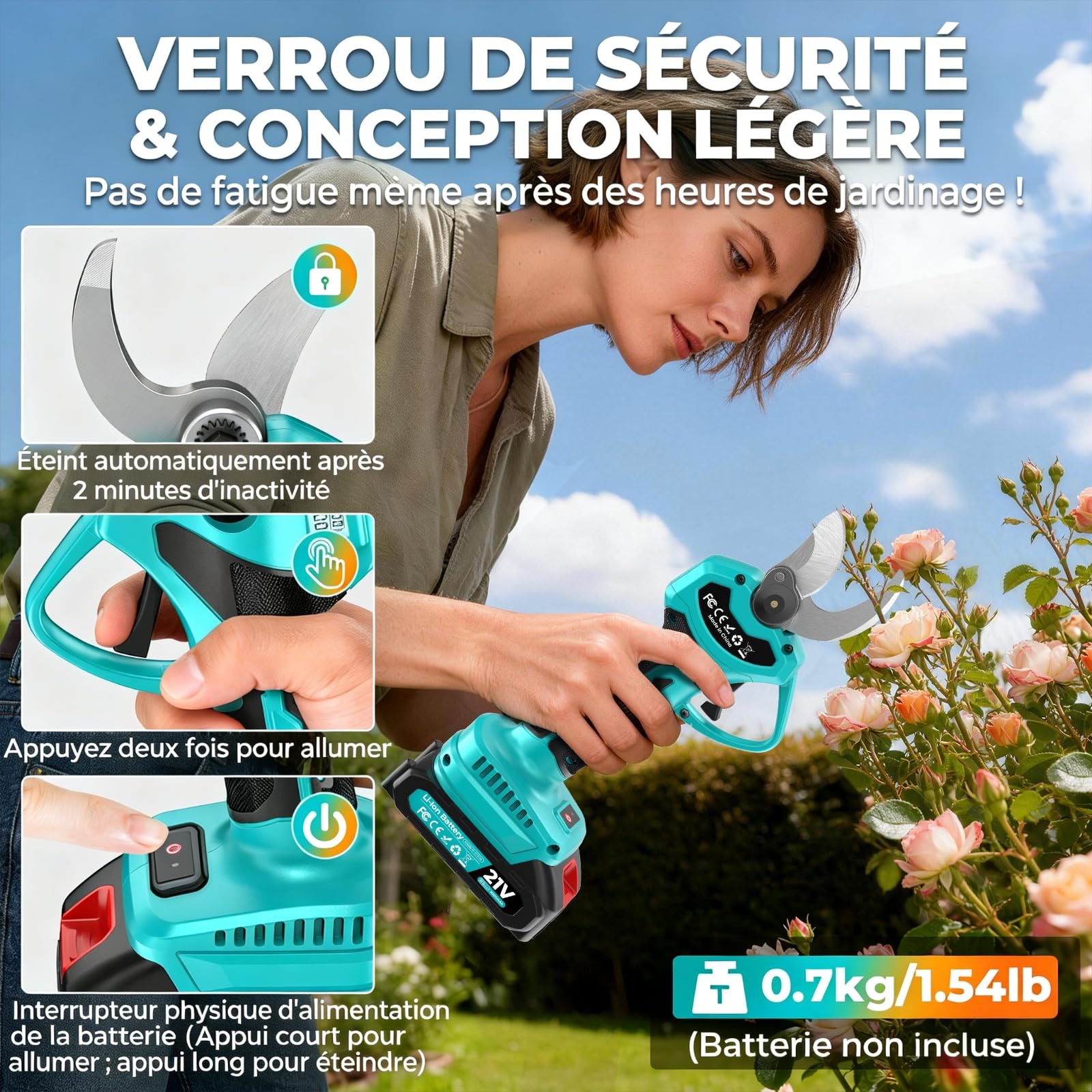 Sécateur Électrique Sans Fil, Léger Secateur electrique, Moteur sans balais, Capacité de Coupe de 33mm, avec Écran LCD, 2 batteries, & Lames de rechange, pour le Jardinage, les Branches, les Oliviers