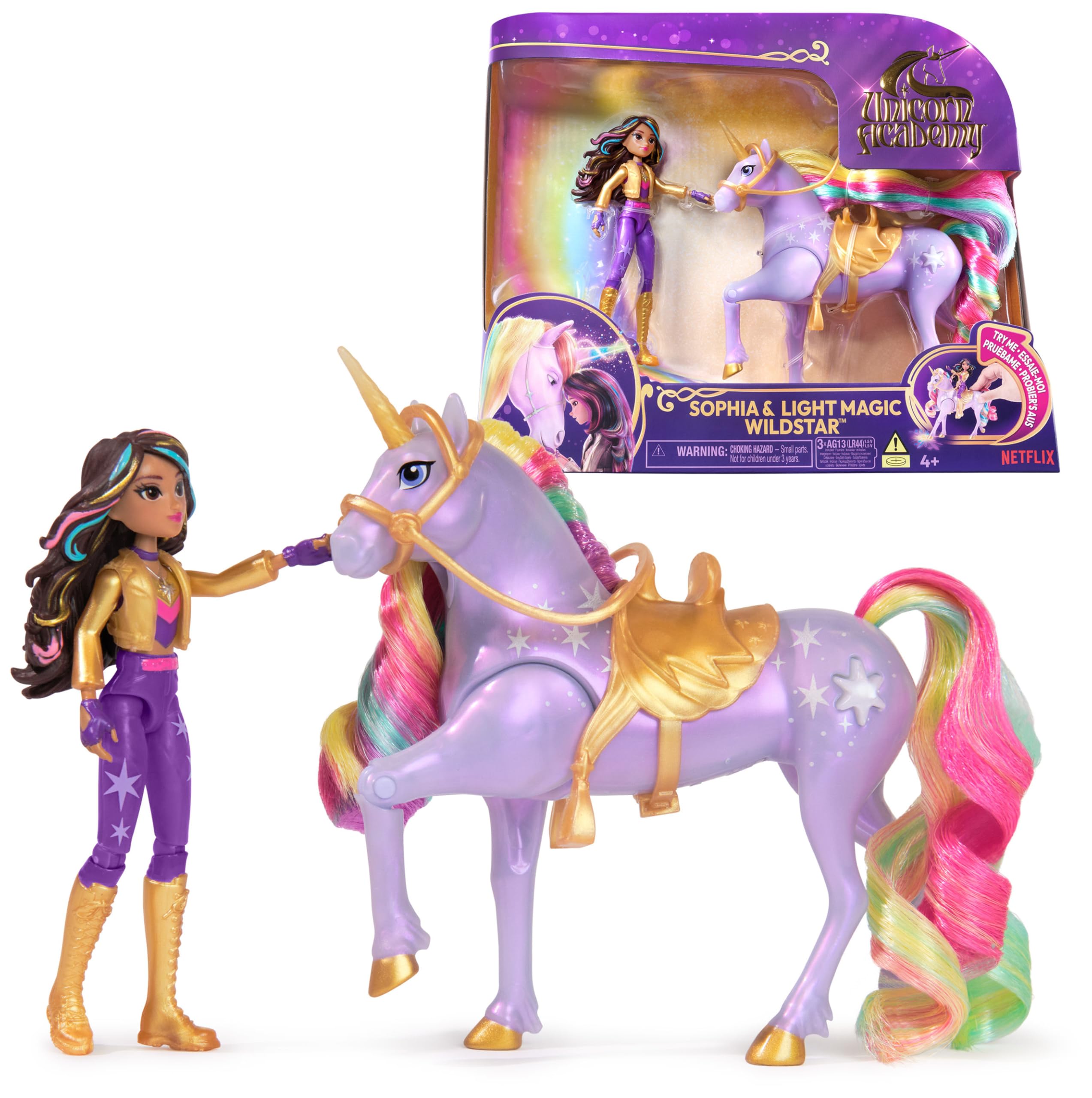 Unicorn Academy - Sophia und Licht-Magie Wildstar Set, ca. 12 cm Originalfiguren zur Netflix Serie, mit Mähne, Schweif sowie magischer Leuchtfunktion und Regenbogensternen, ab 4 Jahren