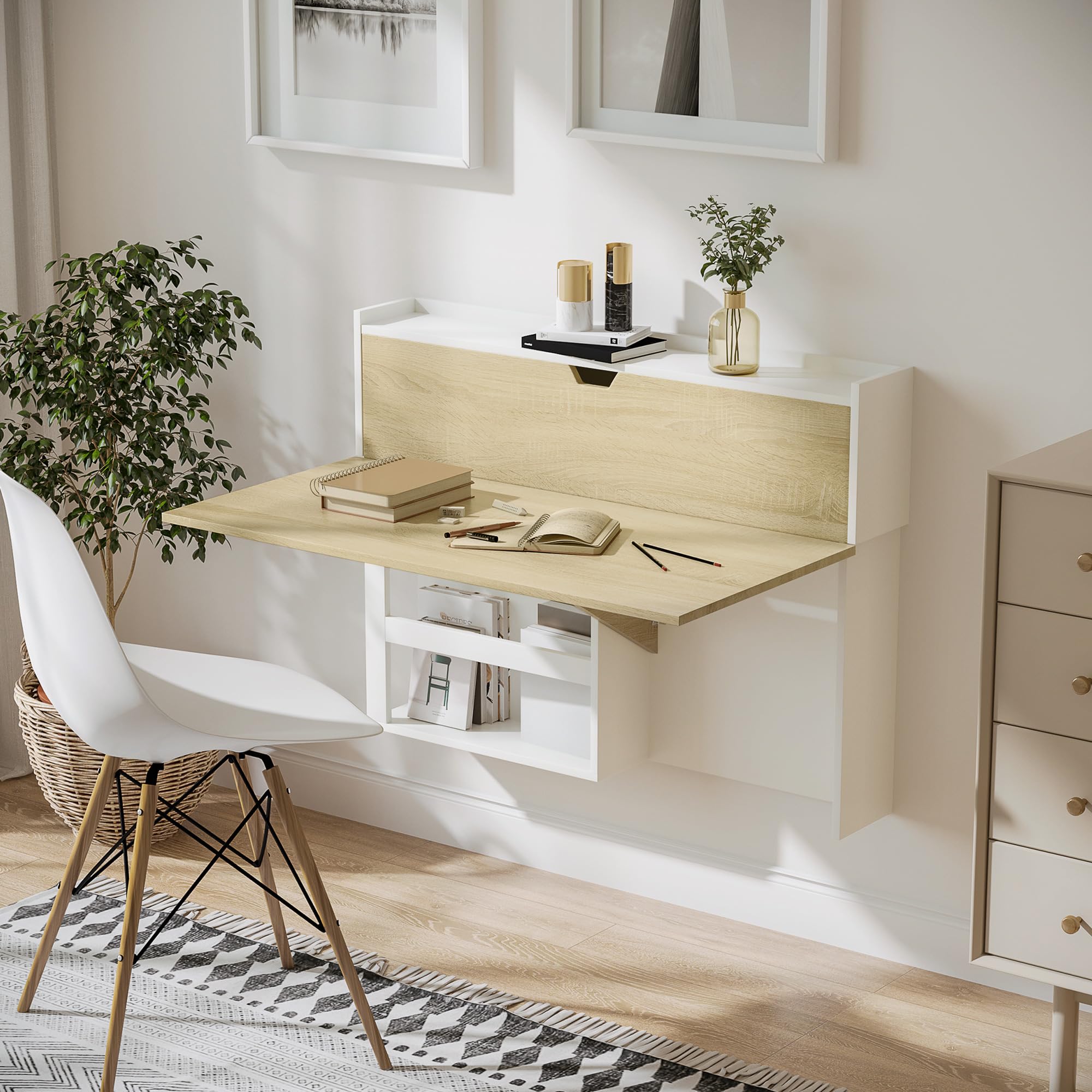 HOMCOM Escritorio Plegable de Pared con estantes Efecto Madera Natural