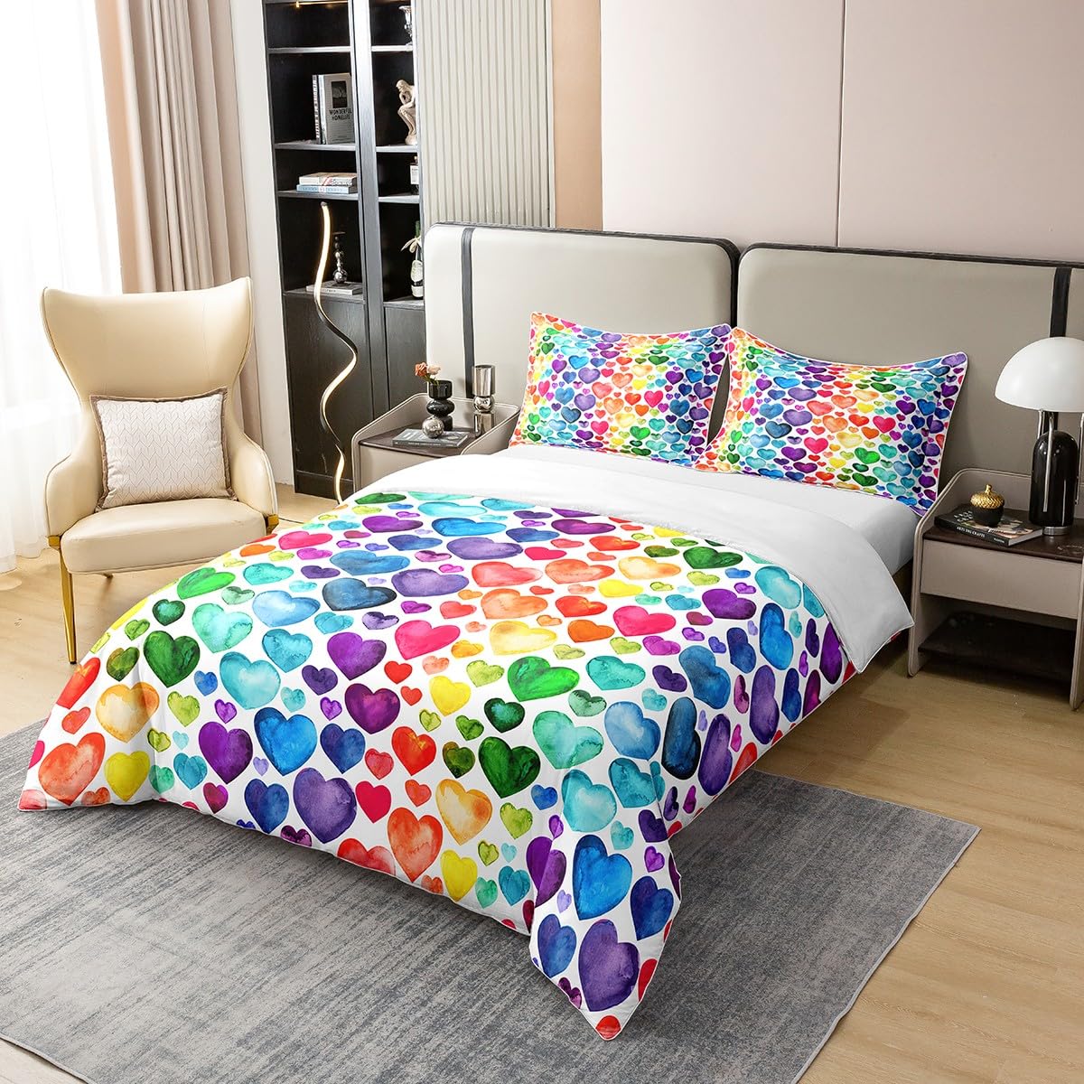 Loussiesd Liebesherz Betten Set Pärchen Buntes Liebesherz Muster Bettwäsche Set 135x200cm 100% Baumwolle Regenbogen Herz Bettbezug Set für Kinder Jungen Mädchen Raumdeko