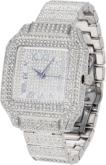 Halukakah Moissanite Diamonds Watch Iced Out for Kids - 18K Real Gold/Platinum Plated,Roman Numerals Square Dial,Japanese Quartz -20.5cm Length,with Tennis/Cuban Link Chain Options - with Giftbox