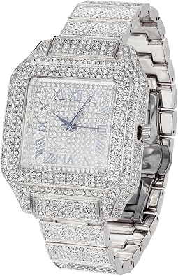 Halukakah Moissanite Diamonds Watch Iced Out for Kids - 18K Real Gold/Platinum Plated, Roman Numerals Square Dial, Japanese Quartz - 8" Length,with Tennis/Cuban Link Chain Options - with Giftbox