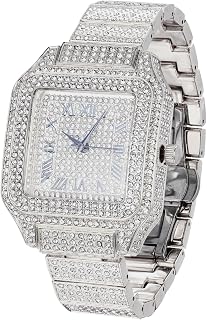 Moissanite Diamonds Watch Iced Out for Kids - 18K Real Gold/Platinum Plated, Roman Numerals Square Dial, Japanese Quartz - 8" Length,with Tennis/Cuban Link Chain Options - Comes with Giftbox