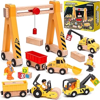 Construction Vehicles Construction Site Children Gifts Boys 2 3 4 5 Years Wooden Magnetic Vehicle Toy with Gantry Crane, Excavator, Crane Truck, Road Scooter, Tow Vehicle, Wooden Toy Gift Ideas Boys