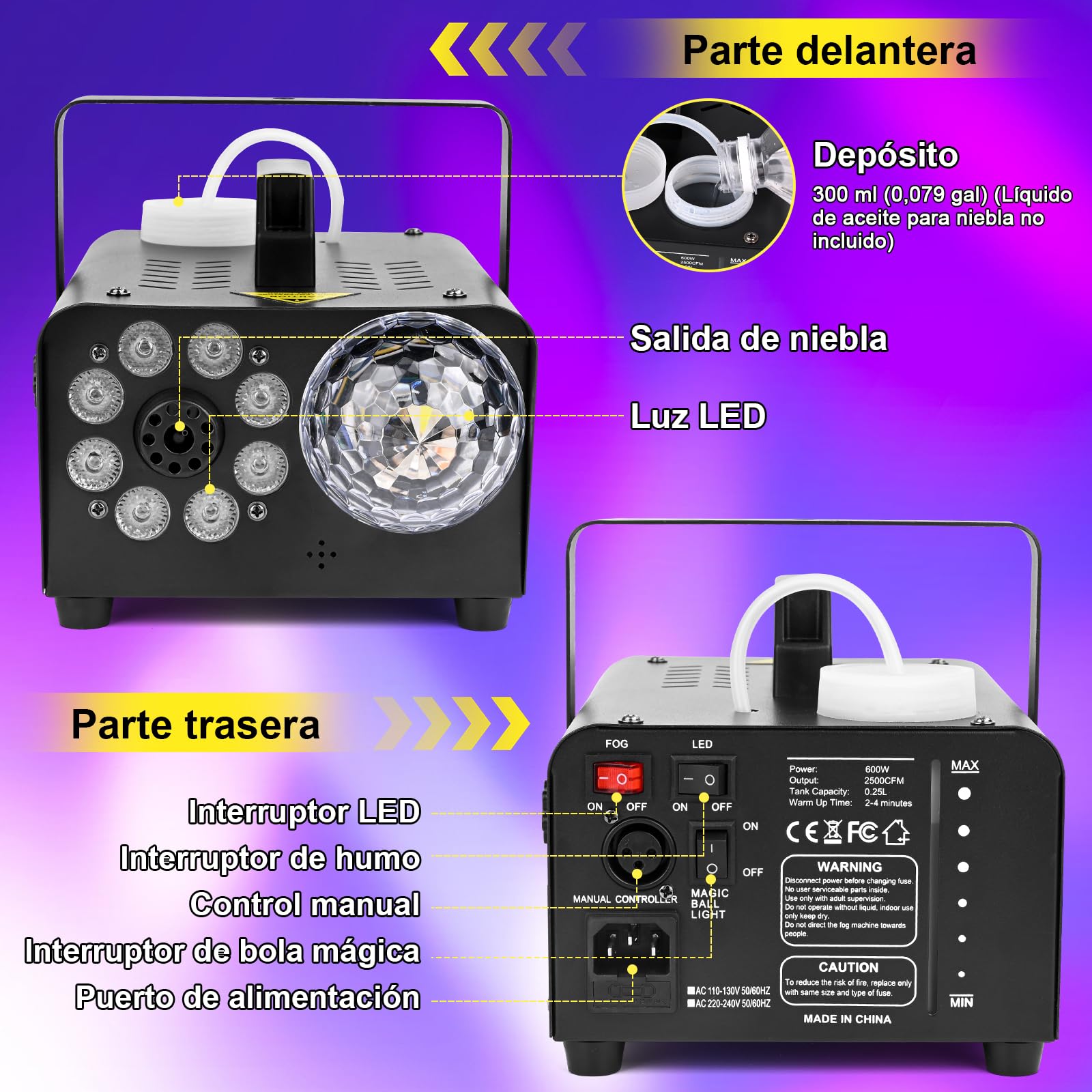 Máquina de Humo, GuKKK Mini Máquina de Humo de 600 W, Portátil Máquina de Humo con Remoto Inalámbrico, 8 LED 13 Colores RGB, para Fiestas de DJ,Presentaciones en El Escenario y Halloween/Navidad