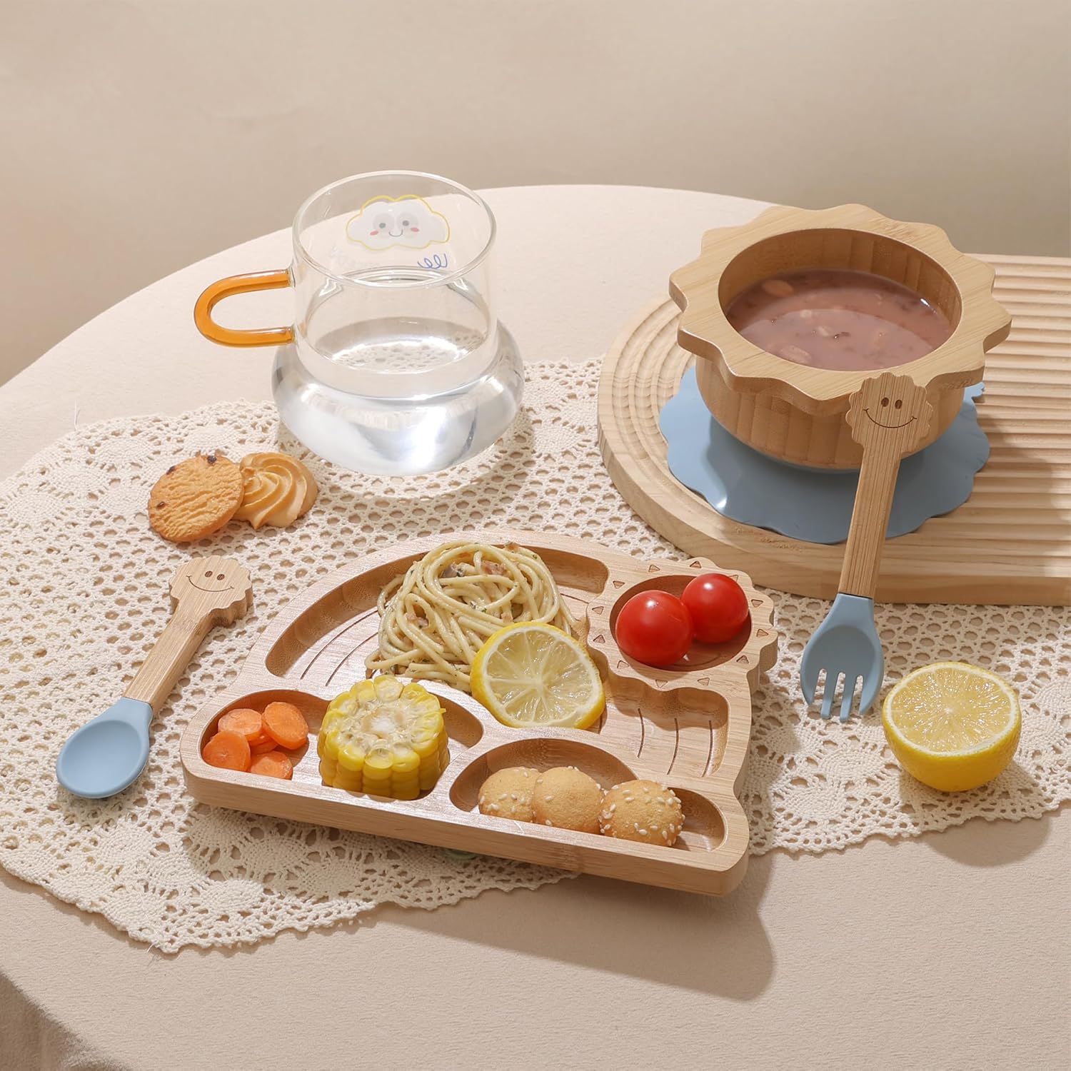 Bamboo Suction Plates Bowls Set for Baby Toddler - Includes Bamboo Bowl, Divided Plate, Silicone Fork & Spoon, All-Natural Baby Feeding Set for Baby-Led Weaning