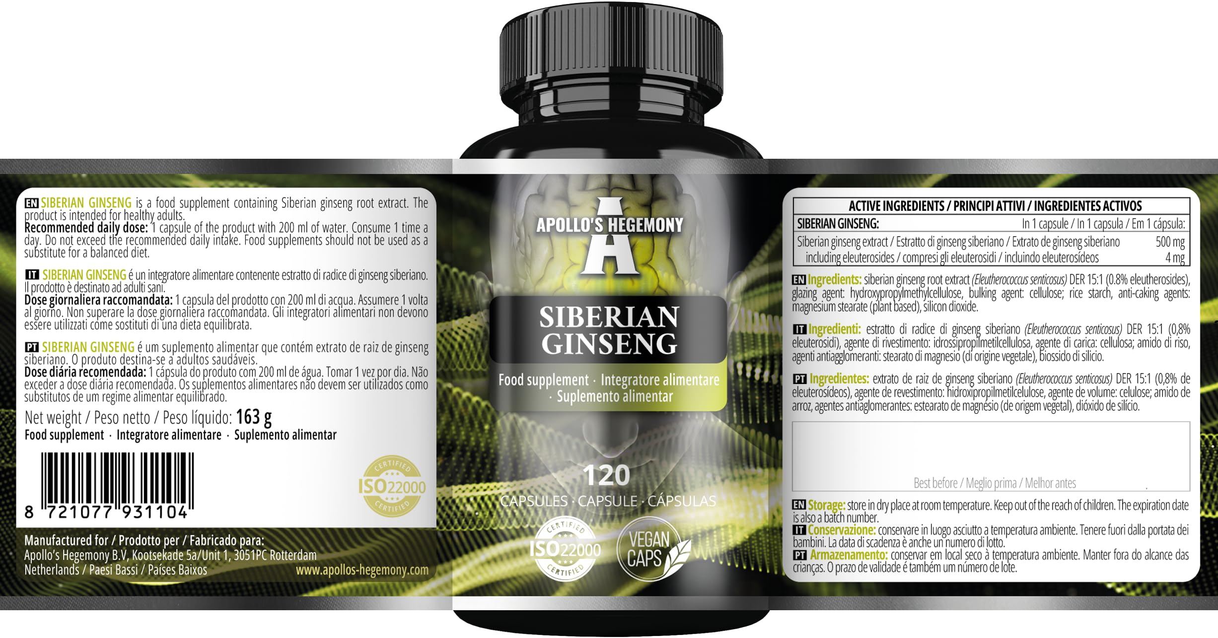 Ginseng Siberiano 500 mg - 120 Capsule Vegane - Estratto Standardizzato allo 0,8% di eleuterosidi B + E - Integratore alimentare di Apollo's Hegemony