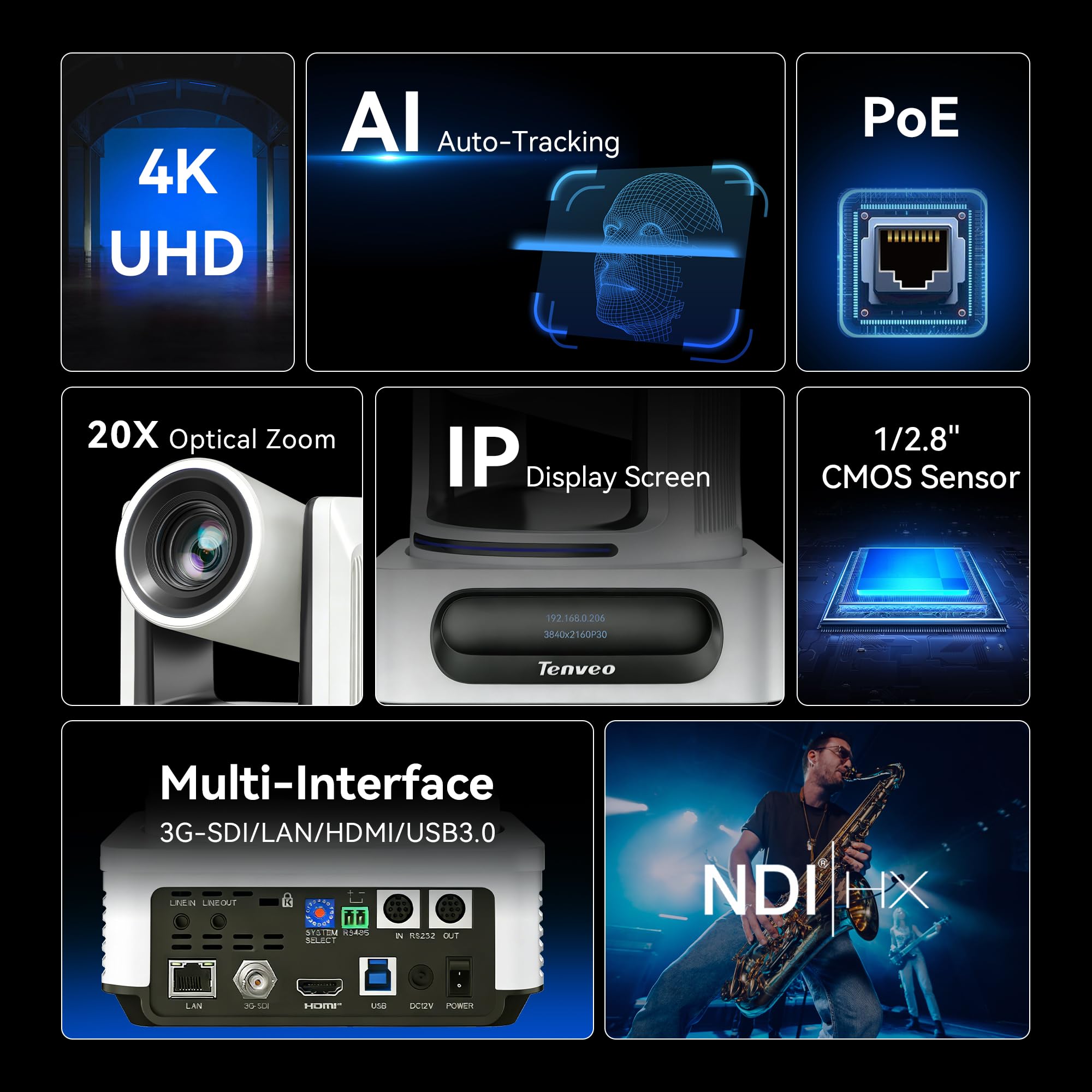 Tenveo Bundle/Kit Telecamera PTZ e Controller 2 Telecamere NDI PTZ 4K con Auto-Tracking AI 20X Zoom, SDI/HDMI/USB3.0/LAN(PoE), Controller Schermo Quadruplo da 7” e Switch PoE per Live Streaming