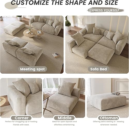 Miniatura 8 de WJShome Cloud Couch - Sofá modular modular de pana de 102 pulgadas, sofá modular LoveSofa de 2 plazas, sofá seccional convertible beige para sala de