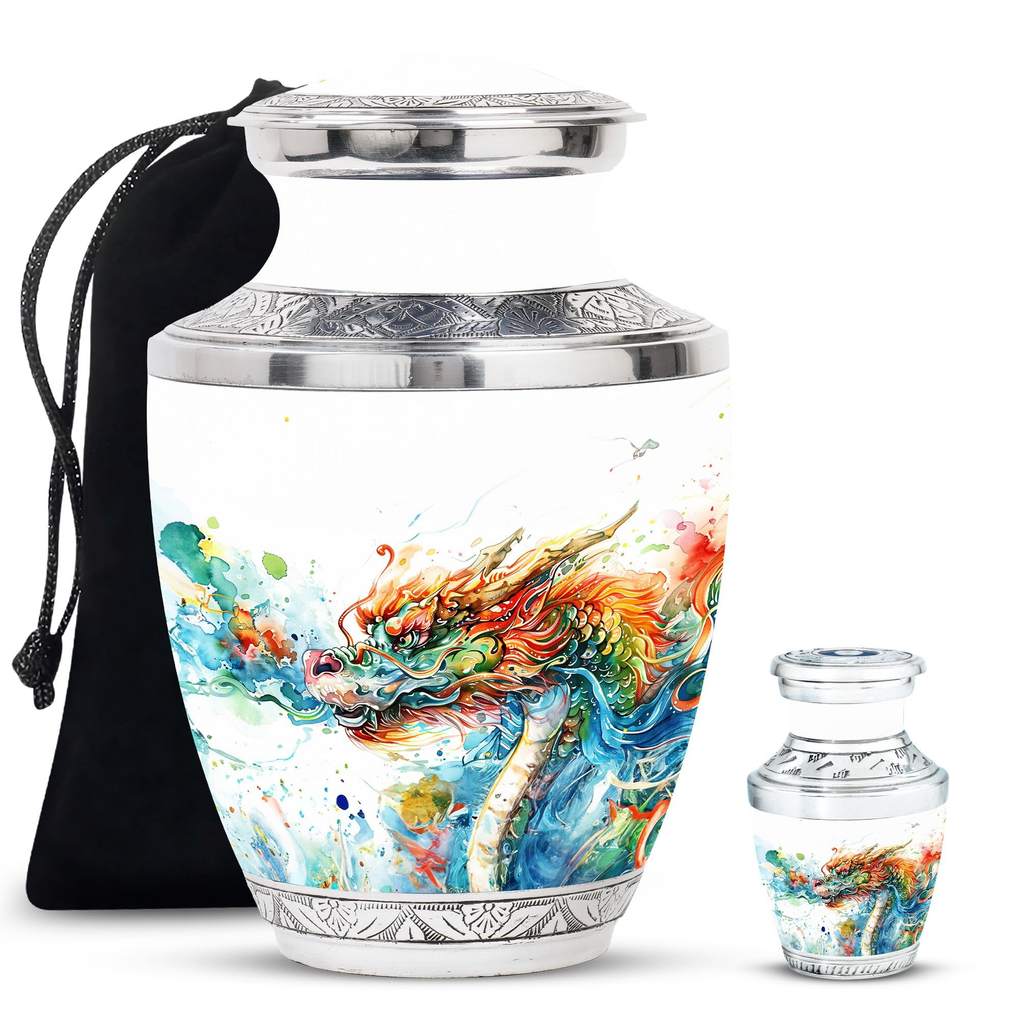 YATHABHISA Dragon Urn, Cremation Urn for Human Ashes - Metal Keepsake Urns - Memorial Urns - Large Urn for Male & Female - Small Urn - Combo of 1 Large Urn with Velvet Bag and 1 Small, Black