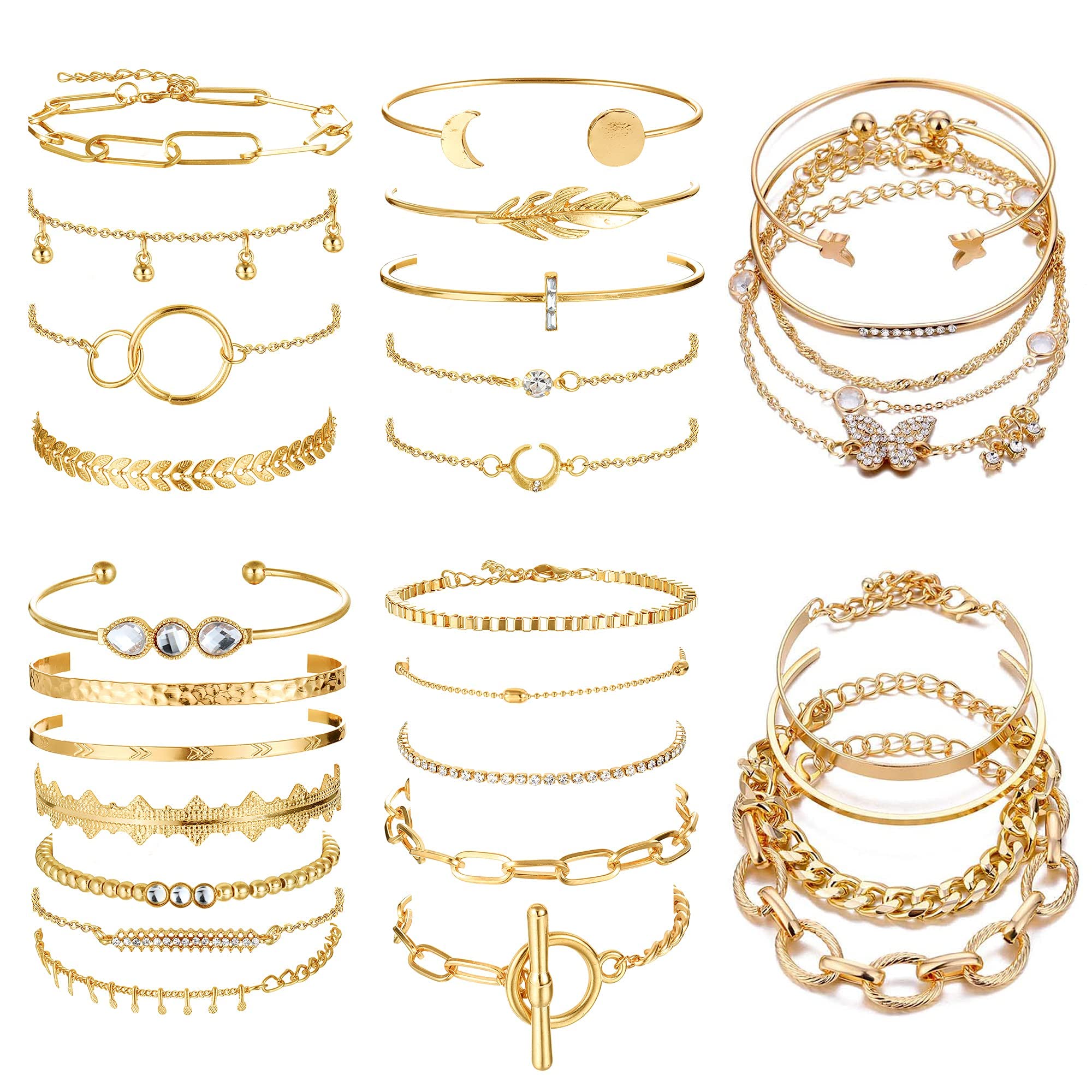 Morfetto30-35 Pcs Boho Gold Chain Bracelets Set for Women Multiple Layered Stackable Open Cuff Wrap Bangle Adjustable Fashion Paperclip Link Italian Cuban Jewelry for Women Gift