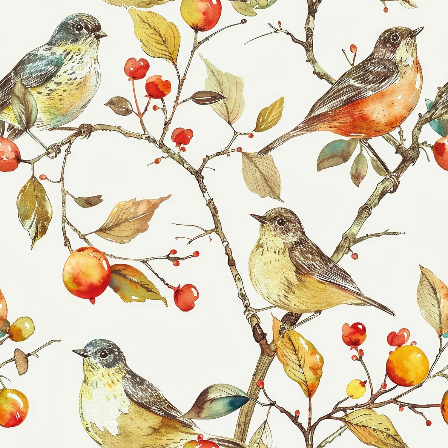 ReWallpaper 17.5in×23ft Vintage Floral Bird Peel and Stick Wallpaper for Bathroom Self Adhesive Cabinet Contact Paper Waterproof Orange Fruit Wallpaper for Kitchen Removable Wall Paper Vinyl Roll