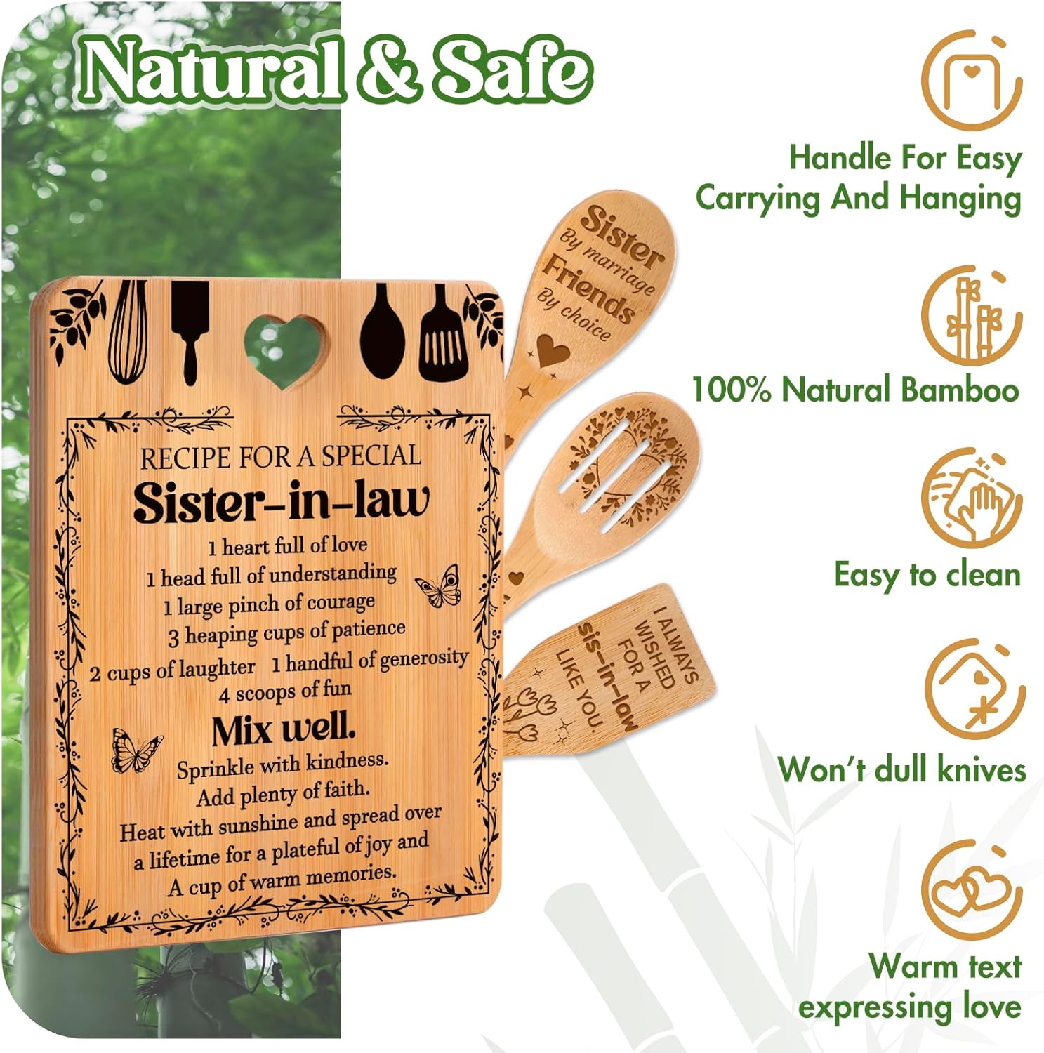 Gifts for Sister in Law - "Recipe for a Special Sister-in-Law", Sister in Law Birthday Gifts Engraved Bamboo-Made Cutting Board Set, Sister in Law Birthday Gifts. - Image 6