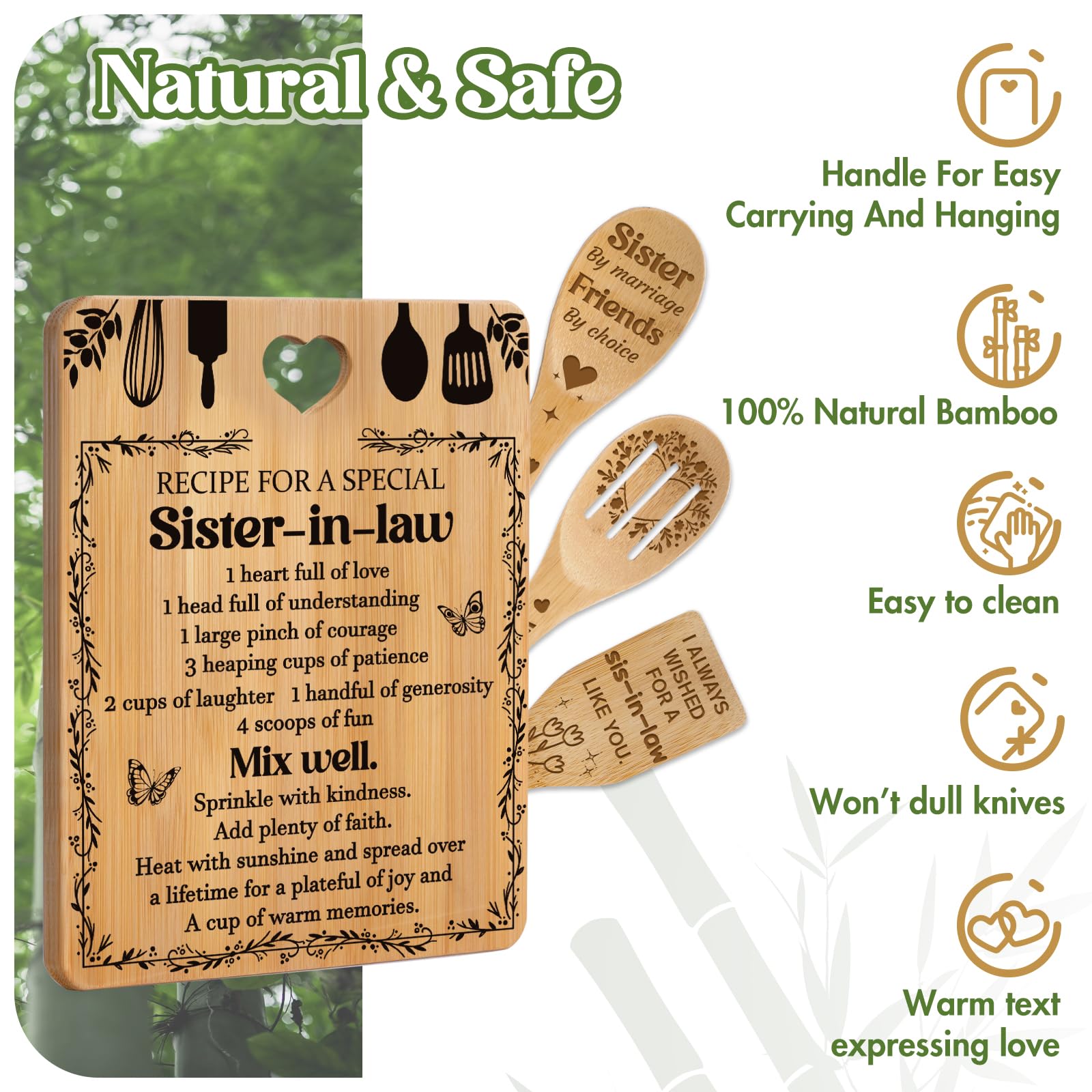 Gifts for Sister in Law - "Recipe for a Special Sister-in-Law", Sister in Law Birthday Gifts Engraved Bamboo-Made Cutting Board Set, Mothers Day Gifts for Sister in Law.