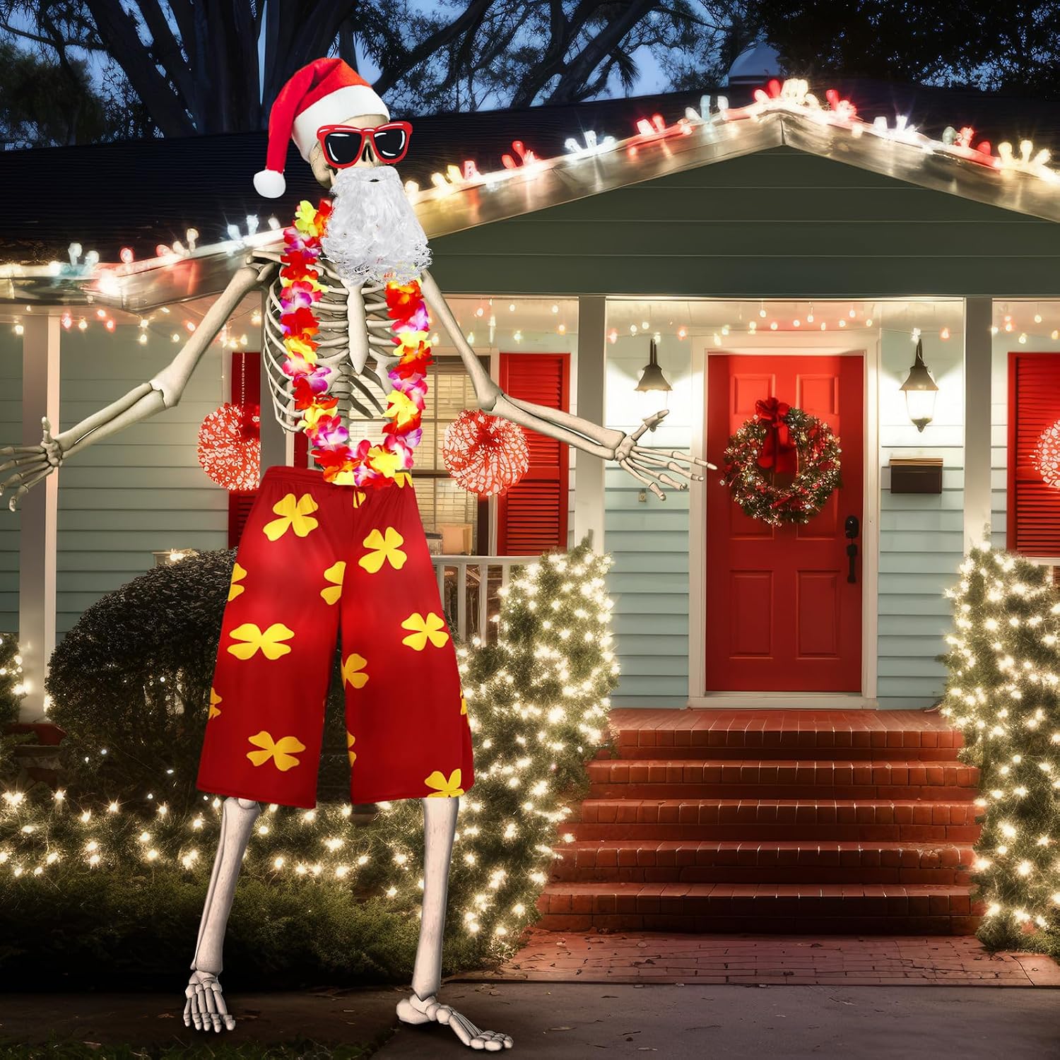 JaGely 5 Pcs Christmas in July 12 ft Skeleton Costume Set Includes Santa Hat Sunglasses Santa Beard Beach Shorts Hawaiian Leis Christmas in July Skeleton Accessories Decorations
