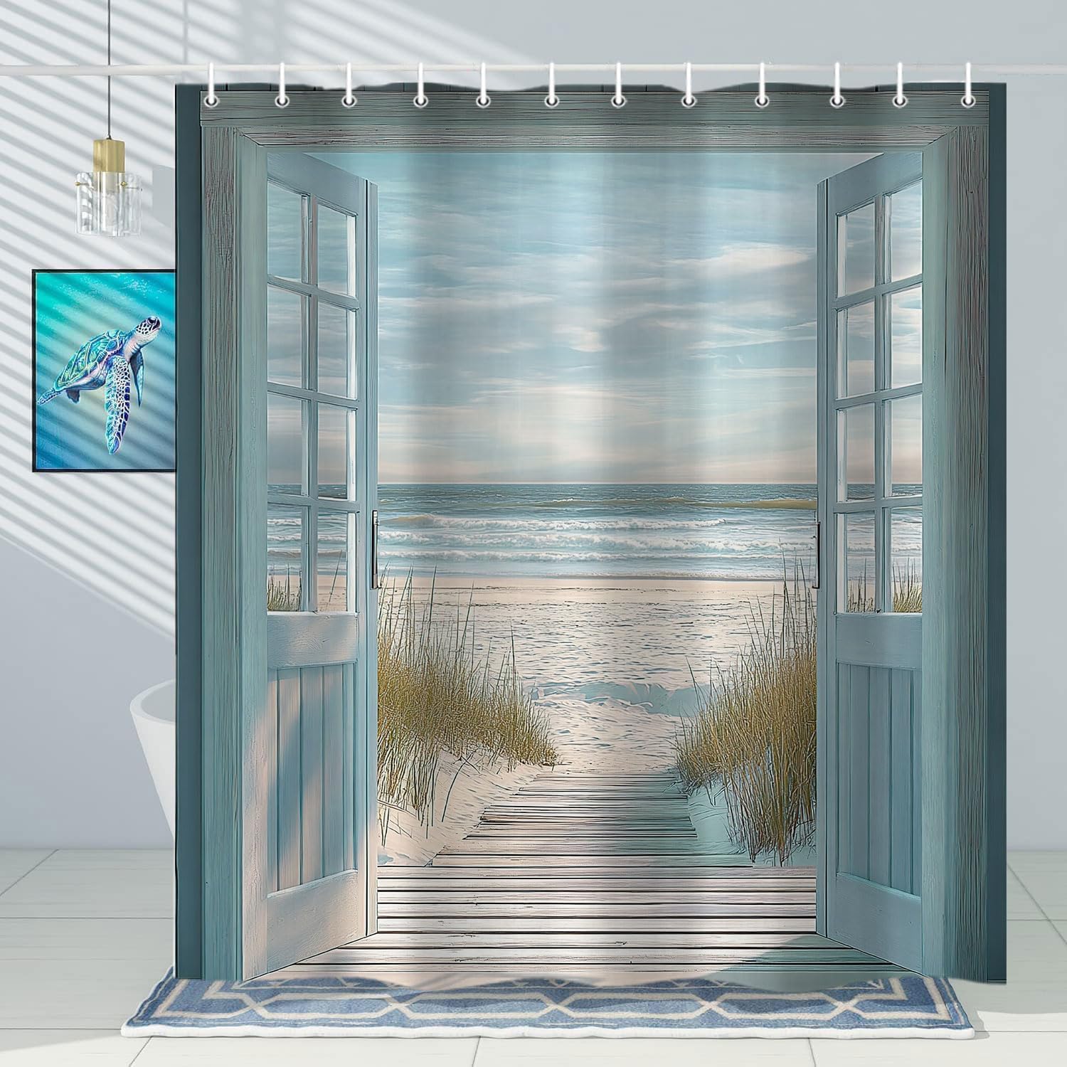 Blue Beach Barn Door Shower Curtain, Rustic Country Ocean Coastal Seaside Scenery Decor Bath Curtains, Retro Teal Wood Waterproof Bathroom Accessories Set, 72 x 84 inch with Hooks