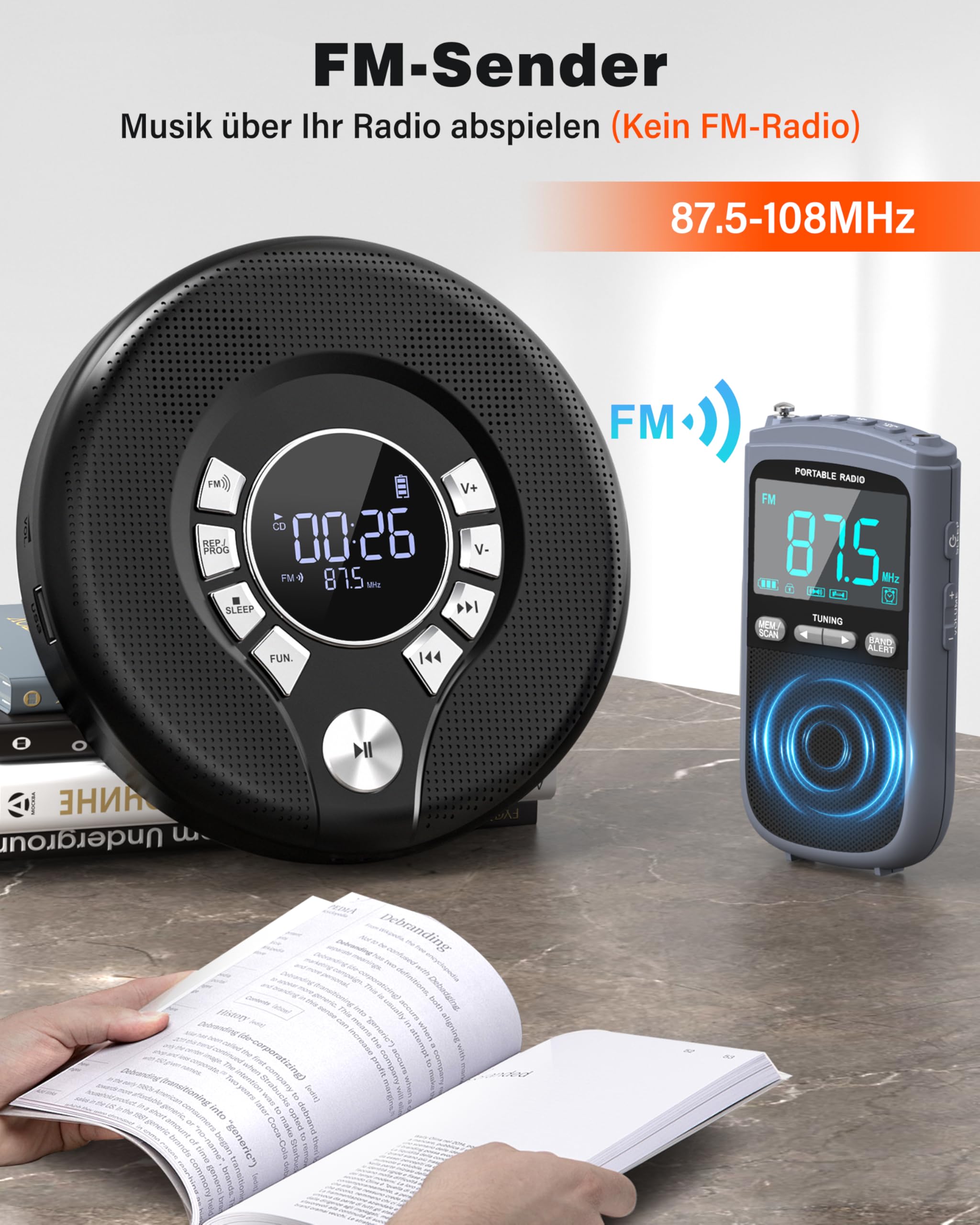 Greadio Discman - Lettore CD Bluetooth portatile con cuffie, lettore CD con anti-skip/antiurto e ricaricabile da 2000 mAh, trasmettitore FM compatibile, USB, uscita AUX, doppio altoparlante HiFi per