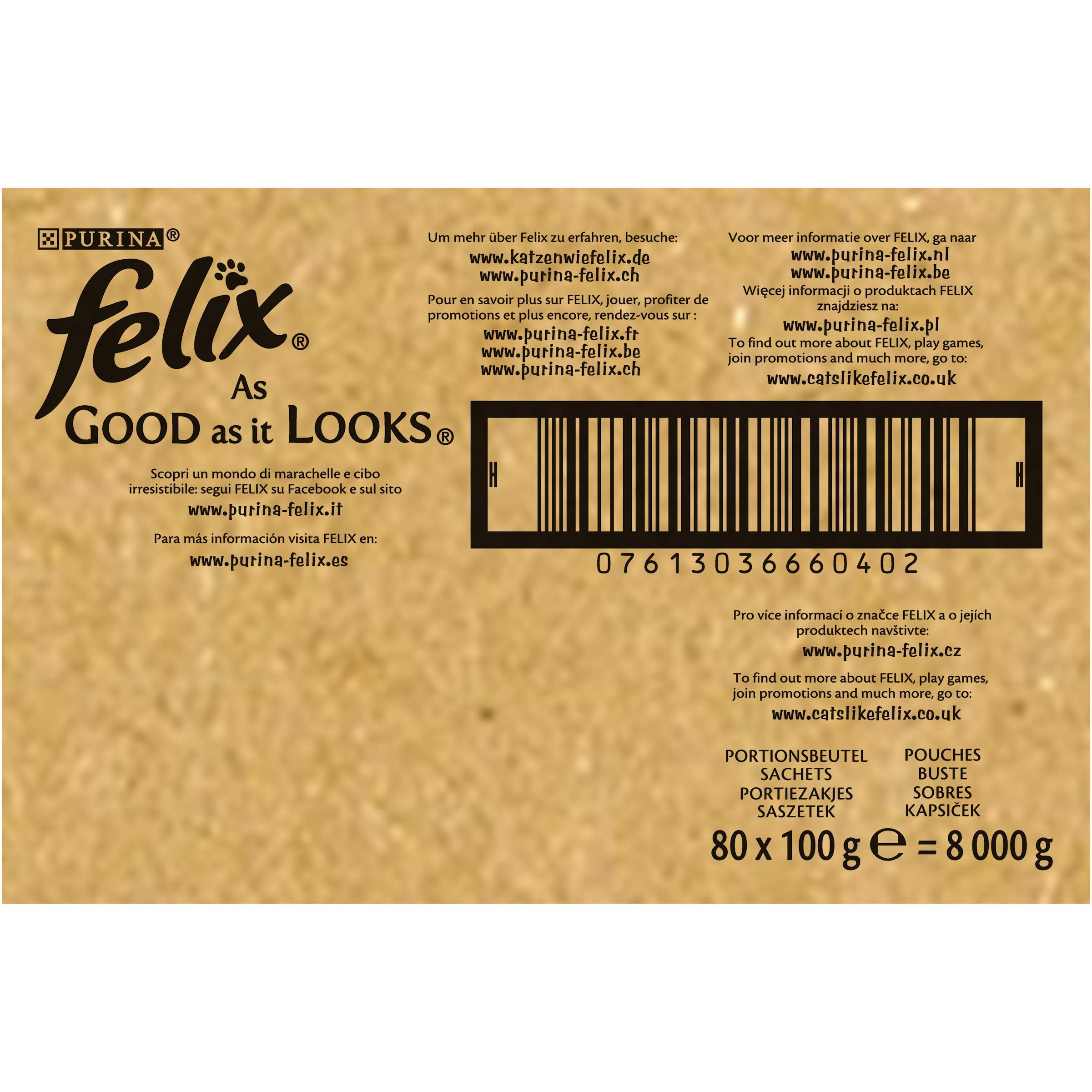 Purina Felix Le Ghiottonerie - Comida húmeda para Gatos con Ternera, Pollo, Bacalao y atún, 80 Sobres de 100 g Cada una