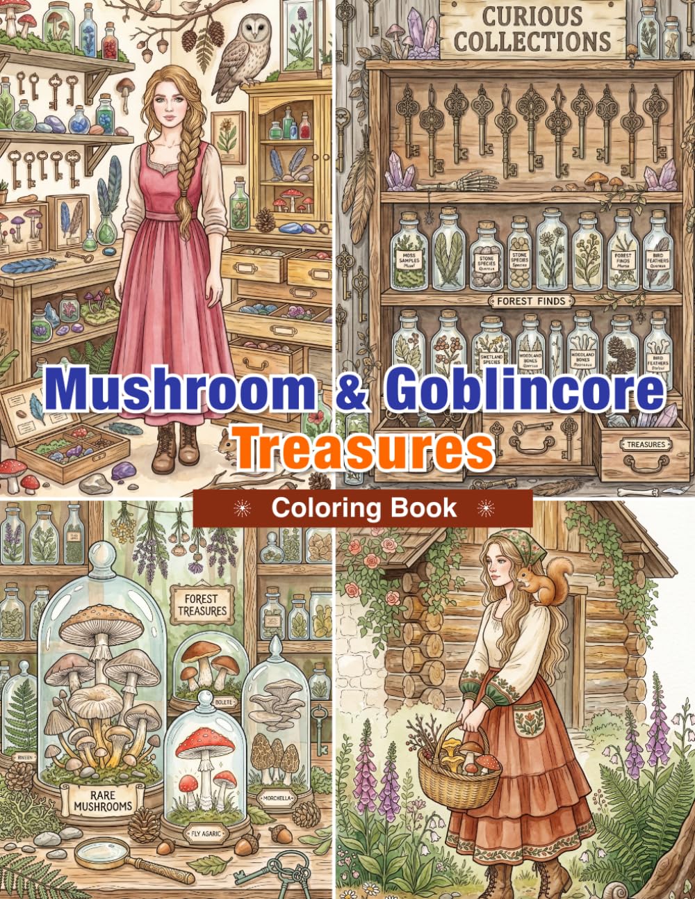 Mushroom & Goblincore Treasures Coloring Book: Mushrooms, Moss, Antique Keys, Glass Bottles, Forest Finds, Hidden Lake Discoveries, and Nature Collections for Adults