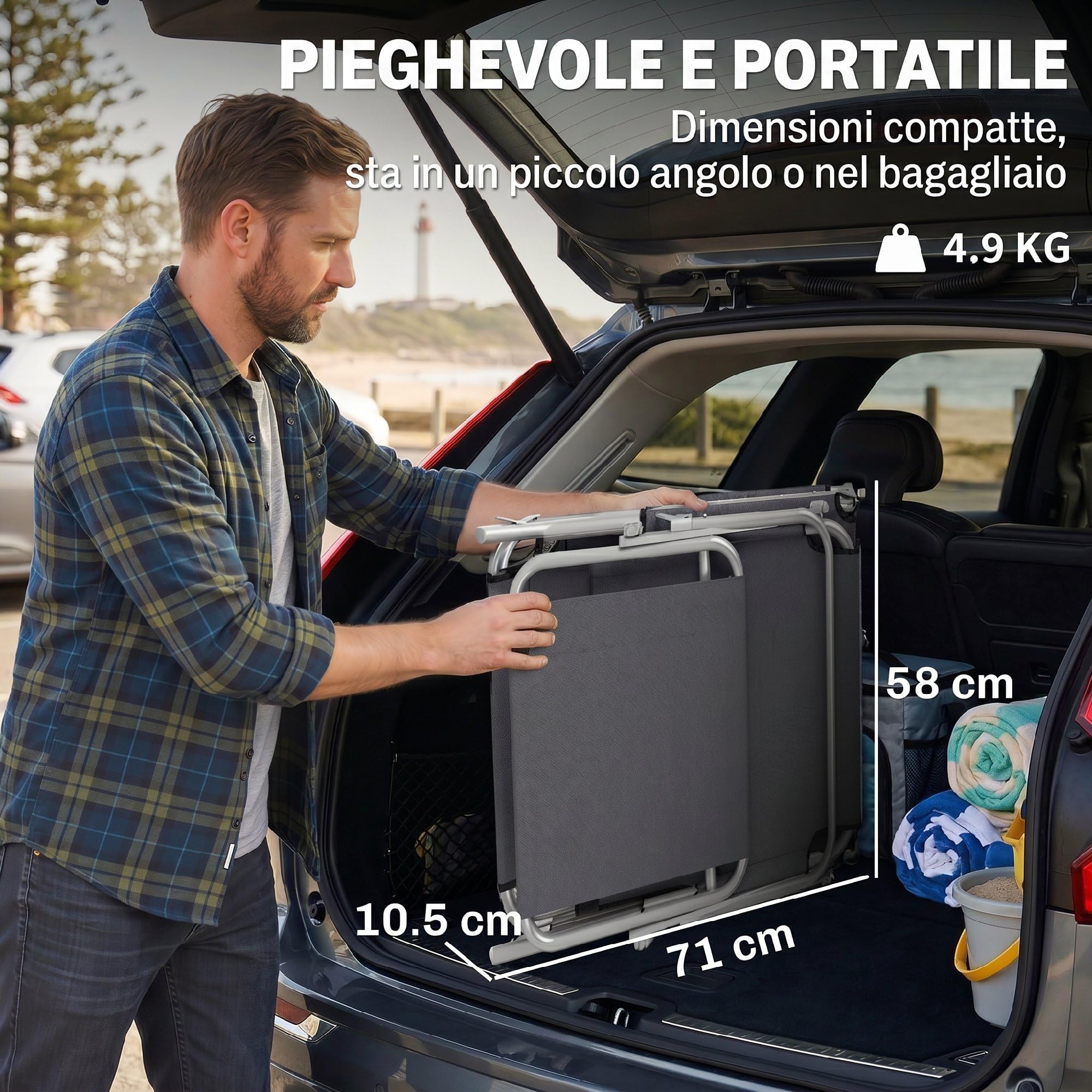 Outsunny Sdraio da Giardino Pieghevole con Tettuccio Schienale Regolabile in Tessuto Oxford e Metallo 187x58x36 cm Grigio