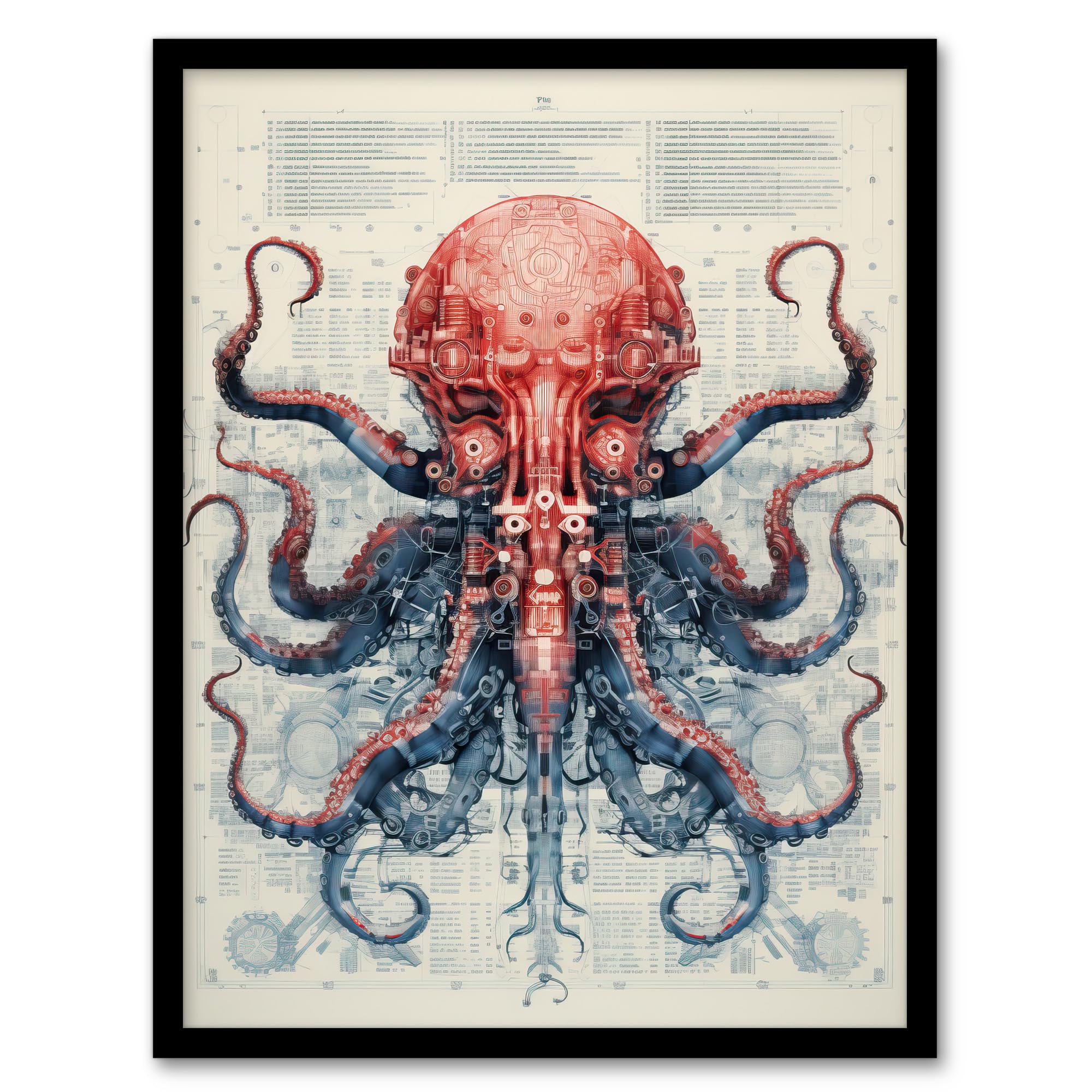 Red Octopus Robot Schematic Blueprint - Futuristic Arcane Manuscript Art Print - Framed Poster Wall Decor