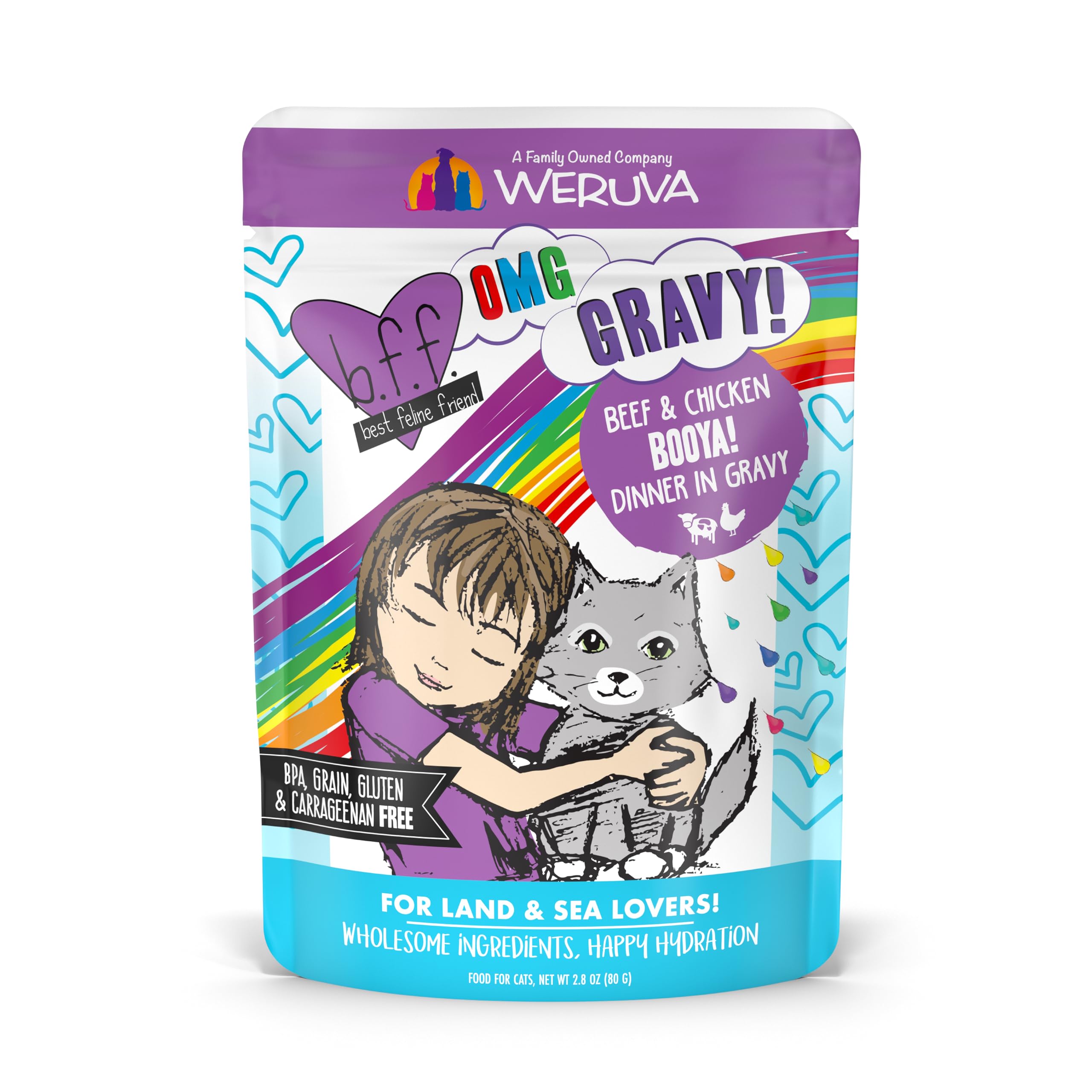 Weruva B.F.F. OMG - Best Feline Friend Oh My Gravy!, Booya! Beef & Chicken in Gravy Cat Food, 2.8oz Pouch (Pack of 12)