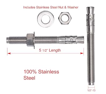 Bolt Dropper 1/2 X 5-1/2 Wedge Anchor (5pc), 18-8 Stainless Steel Corrosion Resistant Commercial Grade Washers and Nuts Included Choose Size