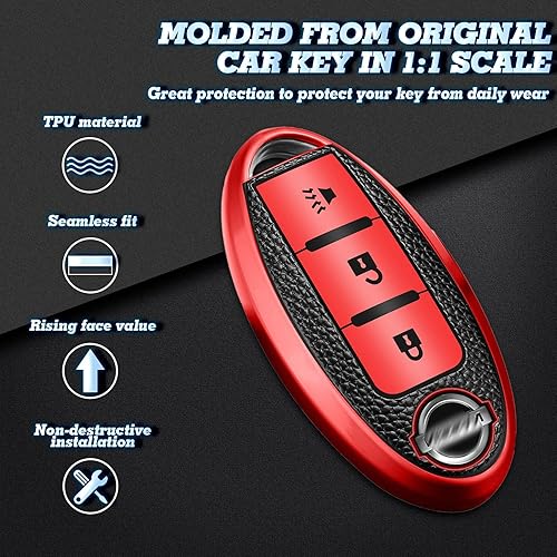 Miniatura 2 de Xotic Tech - Funda para llavero con textura de piel granulada de poliuretano termoplástico rojo con llavero, compatible con Nissan Murano Rogue