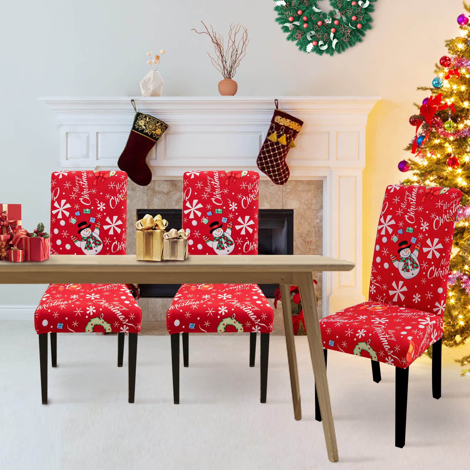 Lydevo Coprisedie Natalizie 4 Pezzi Coprisedia con Schienale Elasticizzato Spandex Fodere Coprisedia per Sala da Pranzo Rimovibile Vestisedia con Schienale per Natale Festa,Pupazzo di Neve