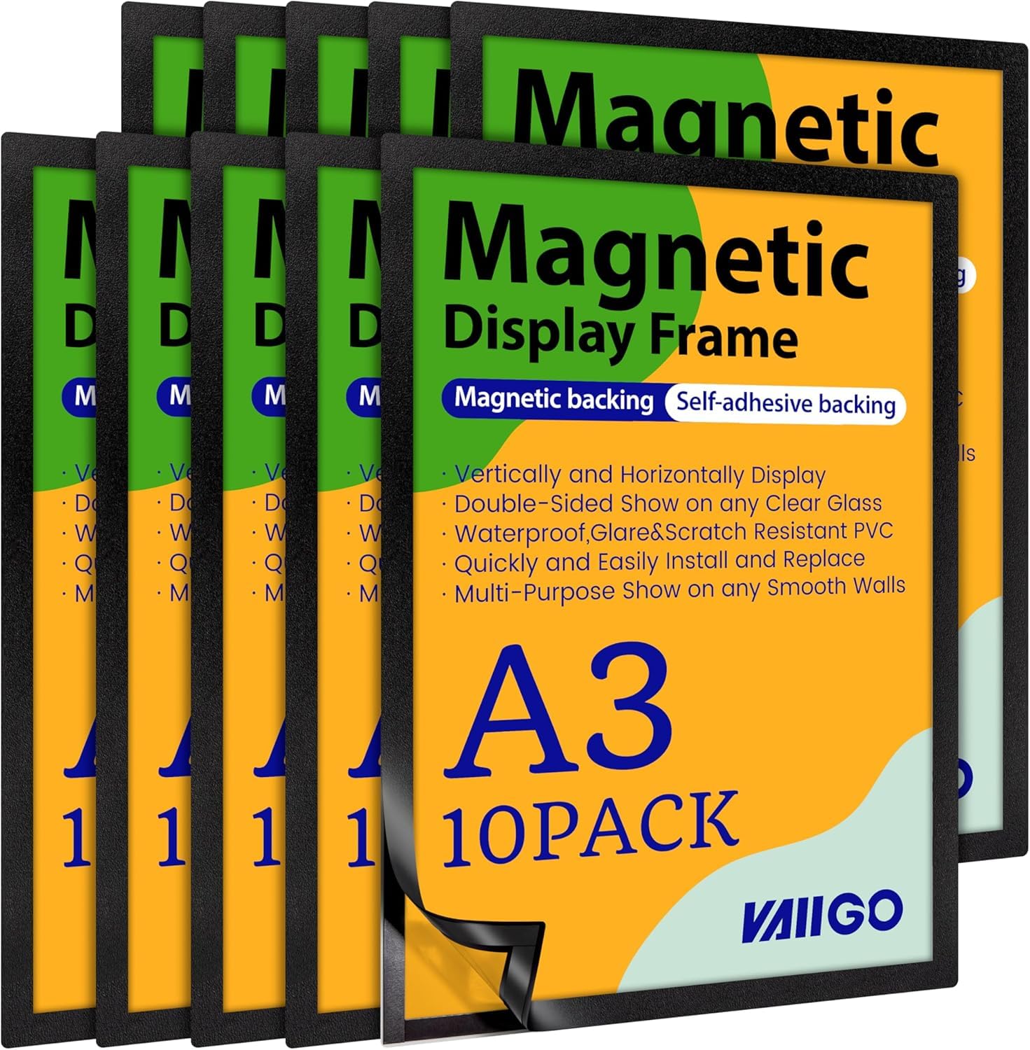 VAIIGO A3 Magnetic Sign Holder 10Pack, Adhesive Display Frames Wall Mount, Magnetic Photo Paper Frame for Fridge, Wall, Door, Tile, Refrigerator, Cupboard, Window Display Holder — image 1