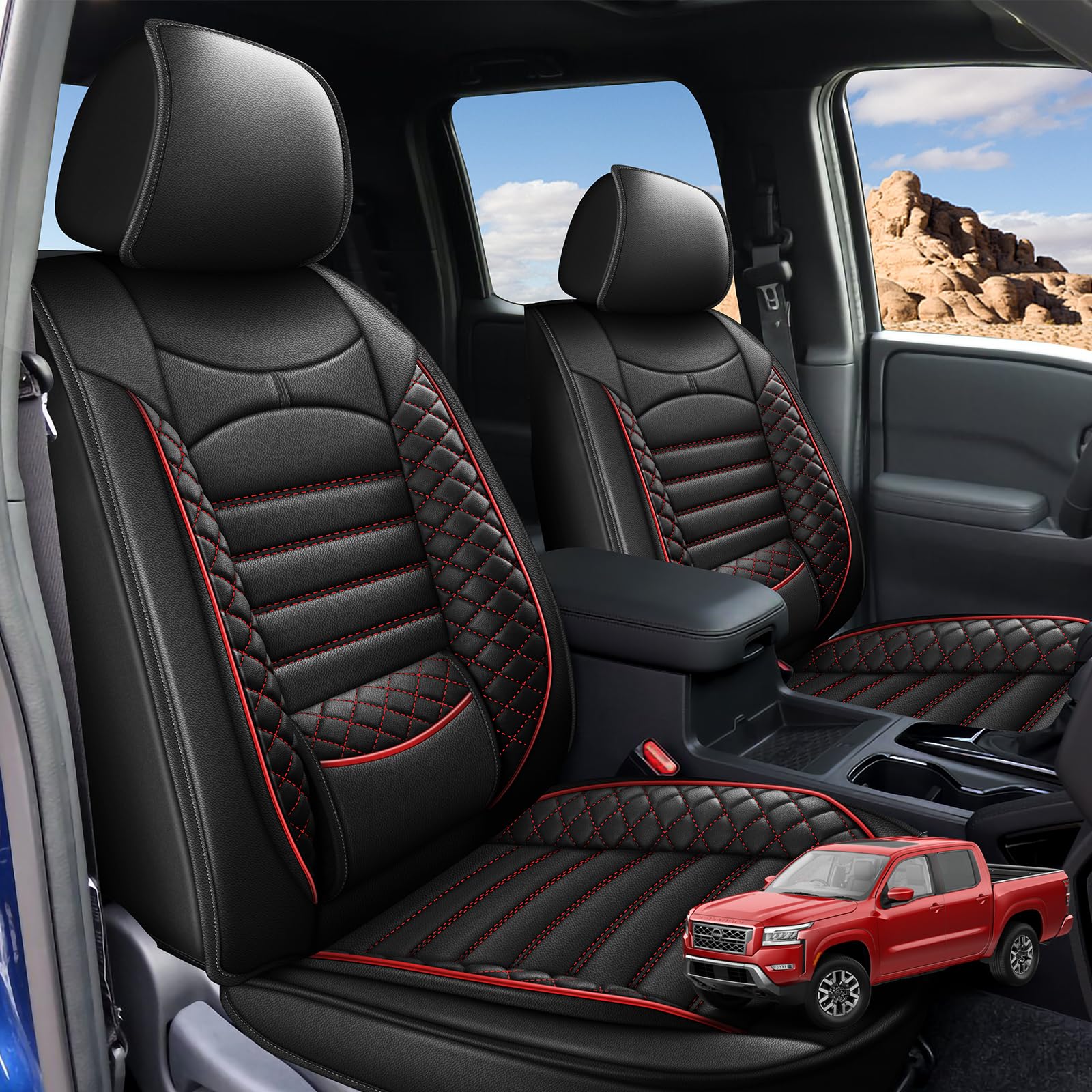 aomsazto seat covers fit for nissan frontier 2009-2025 2026: full set custom fit for frontier crew cab extended cab car seat covers waterproof faux leather truck pickup seat covers(5 seats, redline)