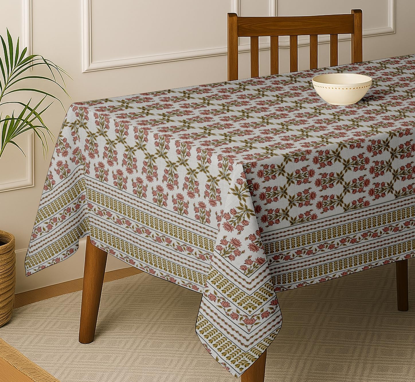 Block Print Tablecloth - Brown Cotton Twill Fabric, 54X54 Inch Square Dining Table Cover for 4 Seater, Durable, Machine Washable, Everyday Dining, Matching Napkins & Runners Available