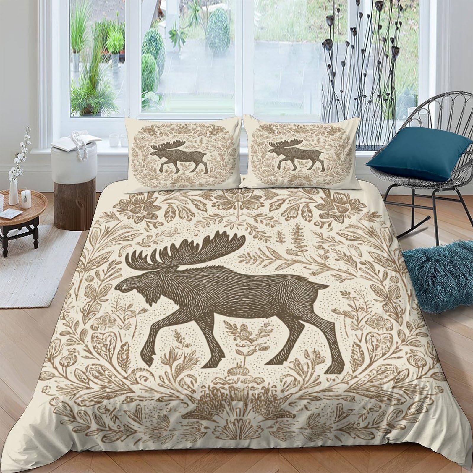 UNRXJZLVM Moose Print Microfiber Duvet Set Rustic Lodge Bedding Teens
