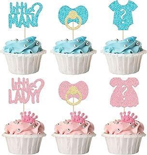 24Pcs Boy or Girl Cupcake Toppers Glitter Gender Reveal Onesie Question Mark Cupcake Picks Little Man or Little Lady Baby Shower Cake Decorations for Kids Birthday Gender Reveal Party Cake Decoration