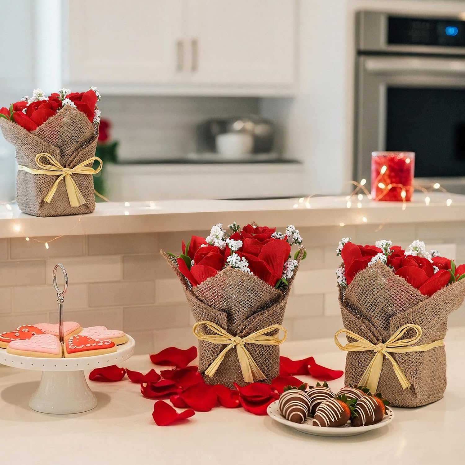3 Pcs Valentines Artificial Roses in Small Burlap Bag Vases Faux Flowers Roses with White Accents for Valentine's Day Gifts Romantic Home, Office Desk, Bookshelf Decorations - Image 4