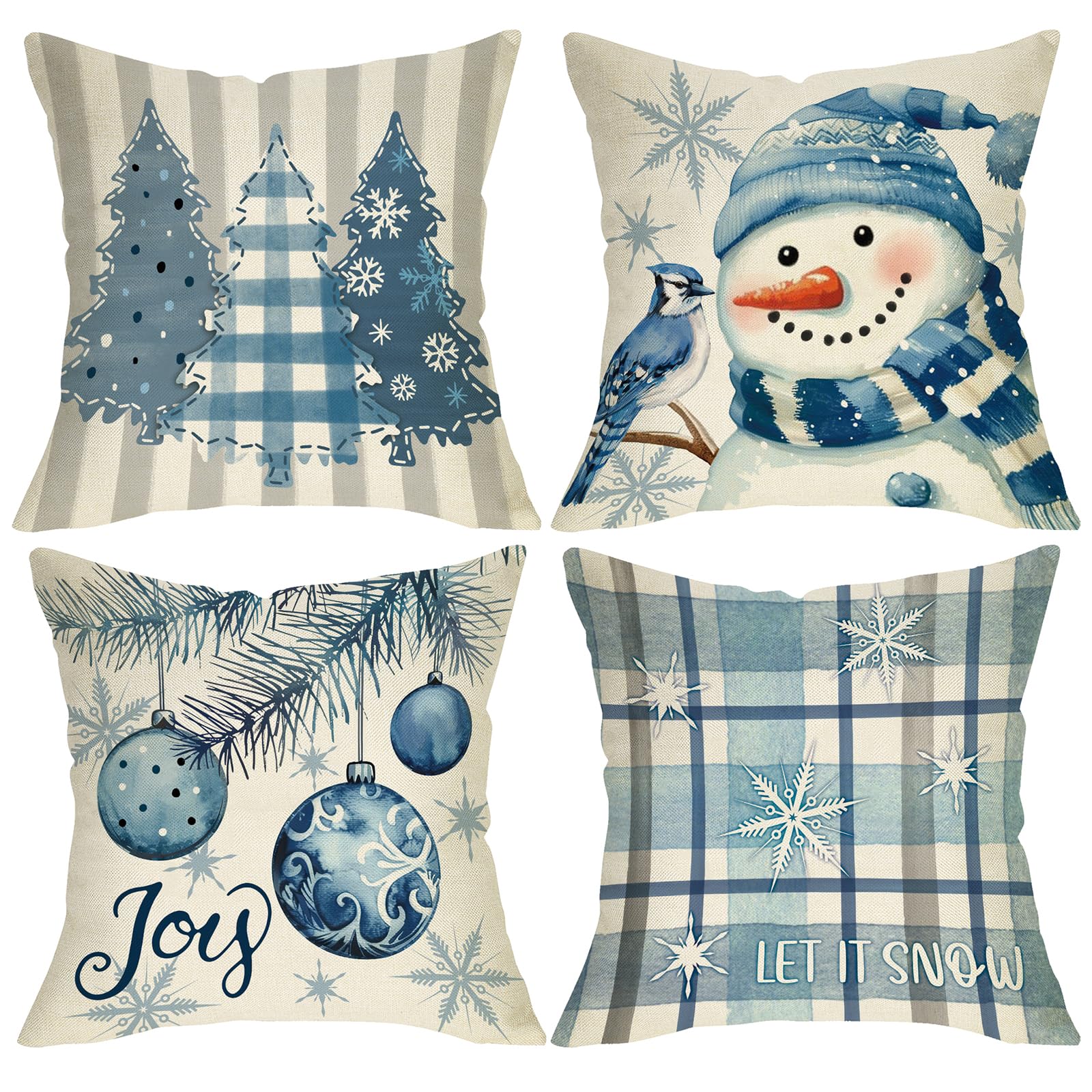 Fjfz Blue Christmas Decorative Throw Pillow Covers 18 x 18 Set of 4 Xmas Tree Snowman Joy Balls